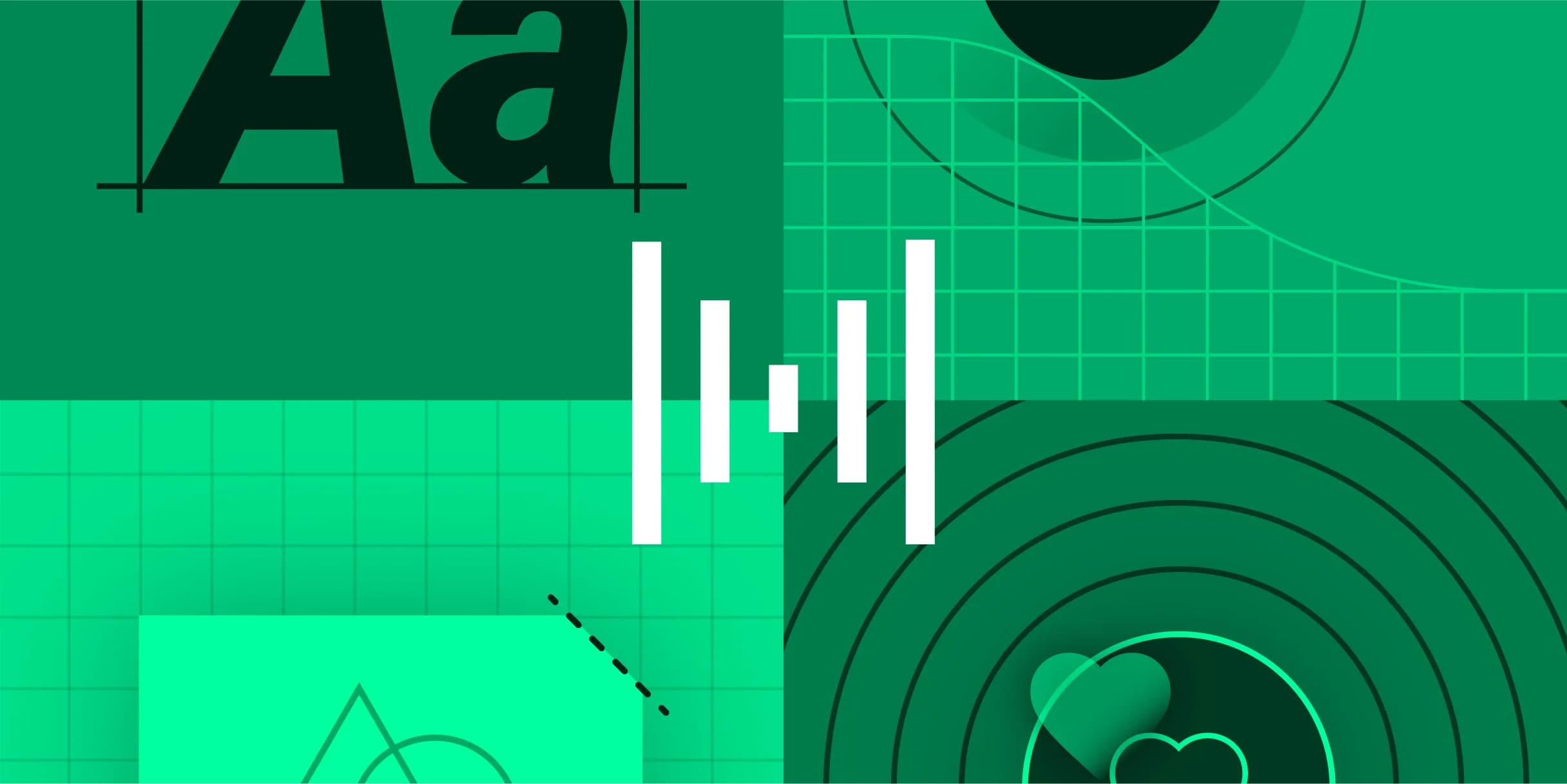 Green graphic with typography, geometric shapes, grids, sound bars, and hearts.