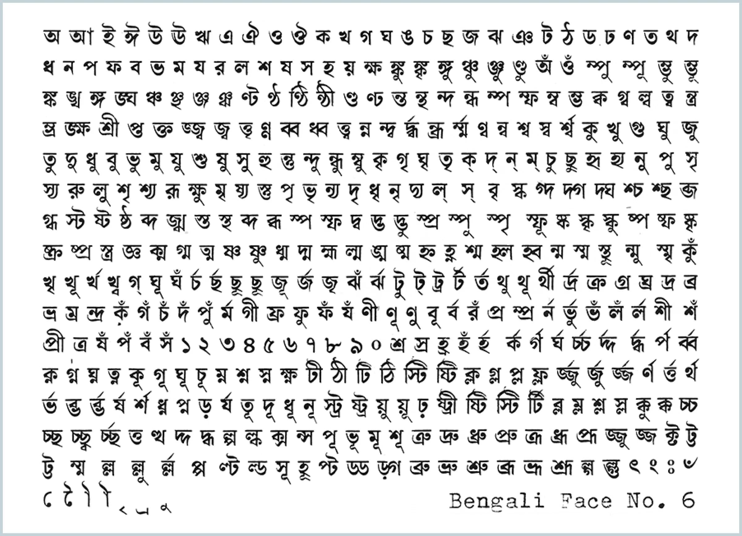 A grid of Bengali script including consonant, vowel, and numeral characters, labeled "Bengali Face No. 6."