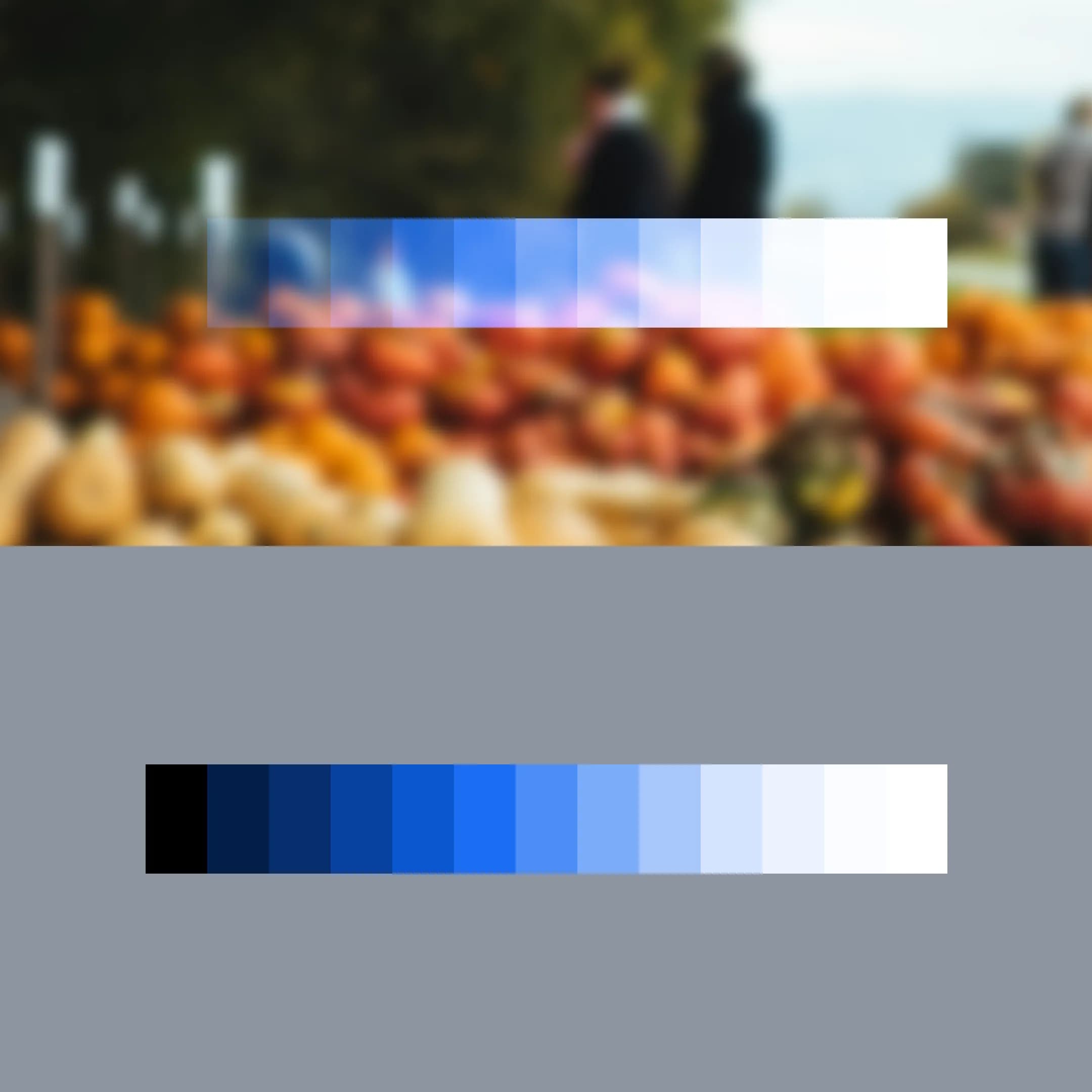 Two horizontal color scales, one over a blurred pumpkin patch and one over a solid gray background.