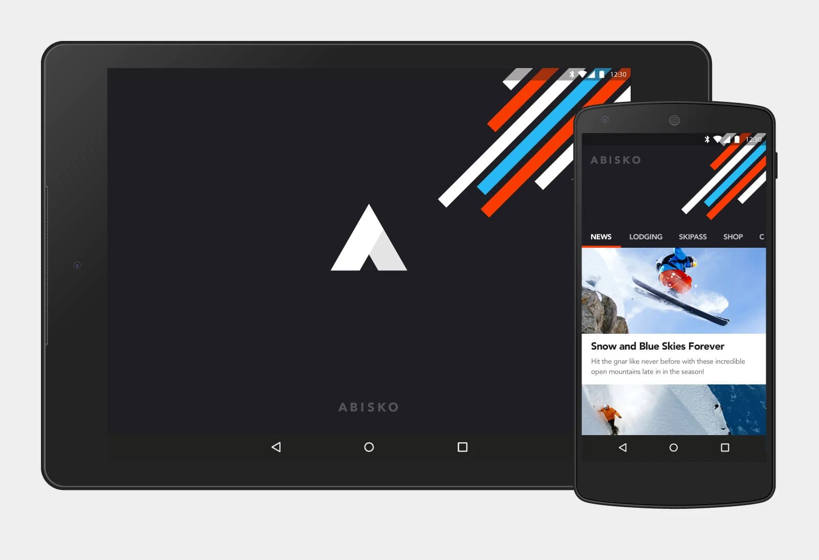 Abisko ski resort app shown on tablet and phone. Clean design with dark background, white logo, and colorful stripes.