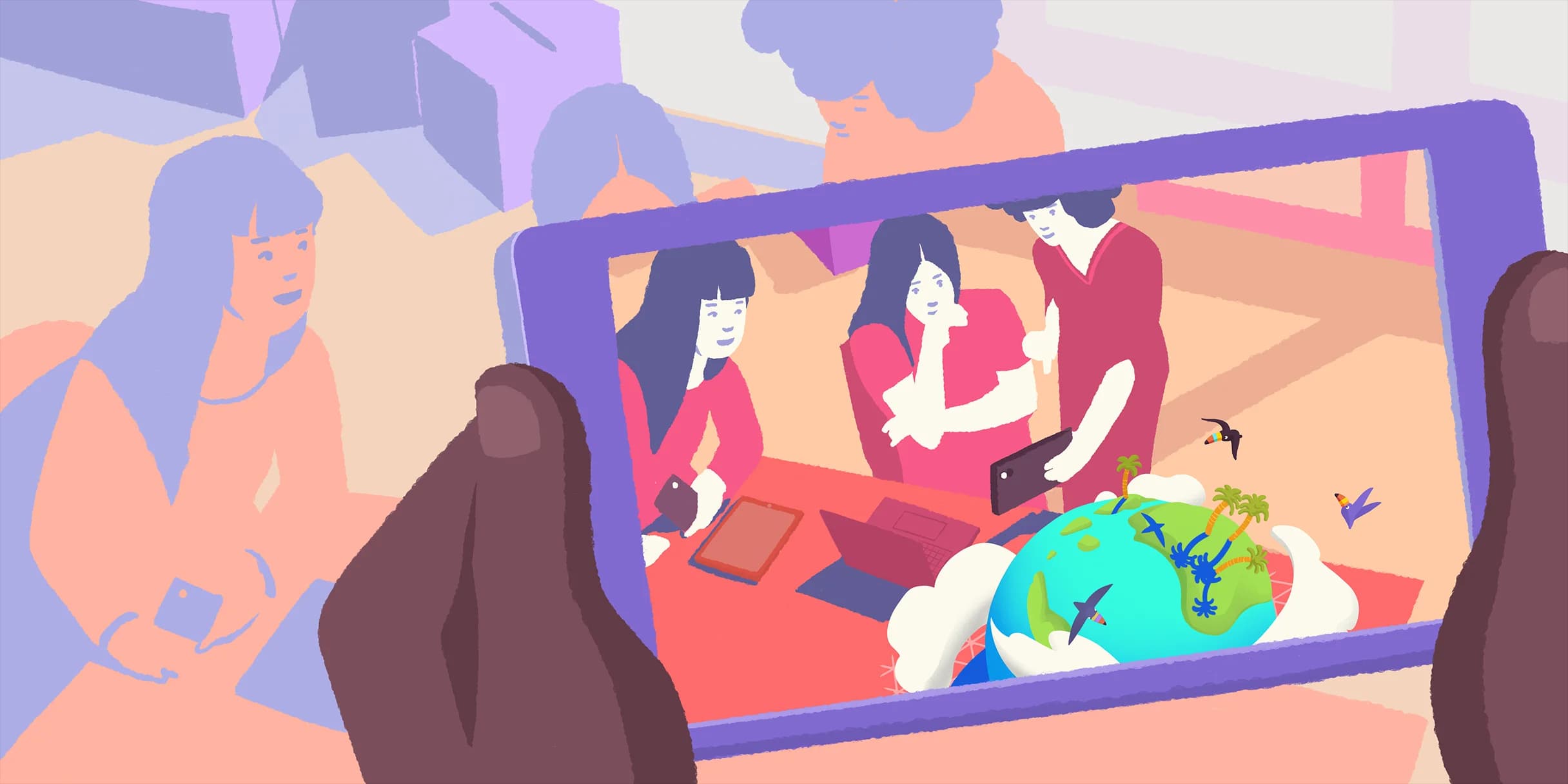 People collaborate on a project visualized on a tablet as a globe with tropical islands. Birds fly around it.