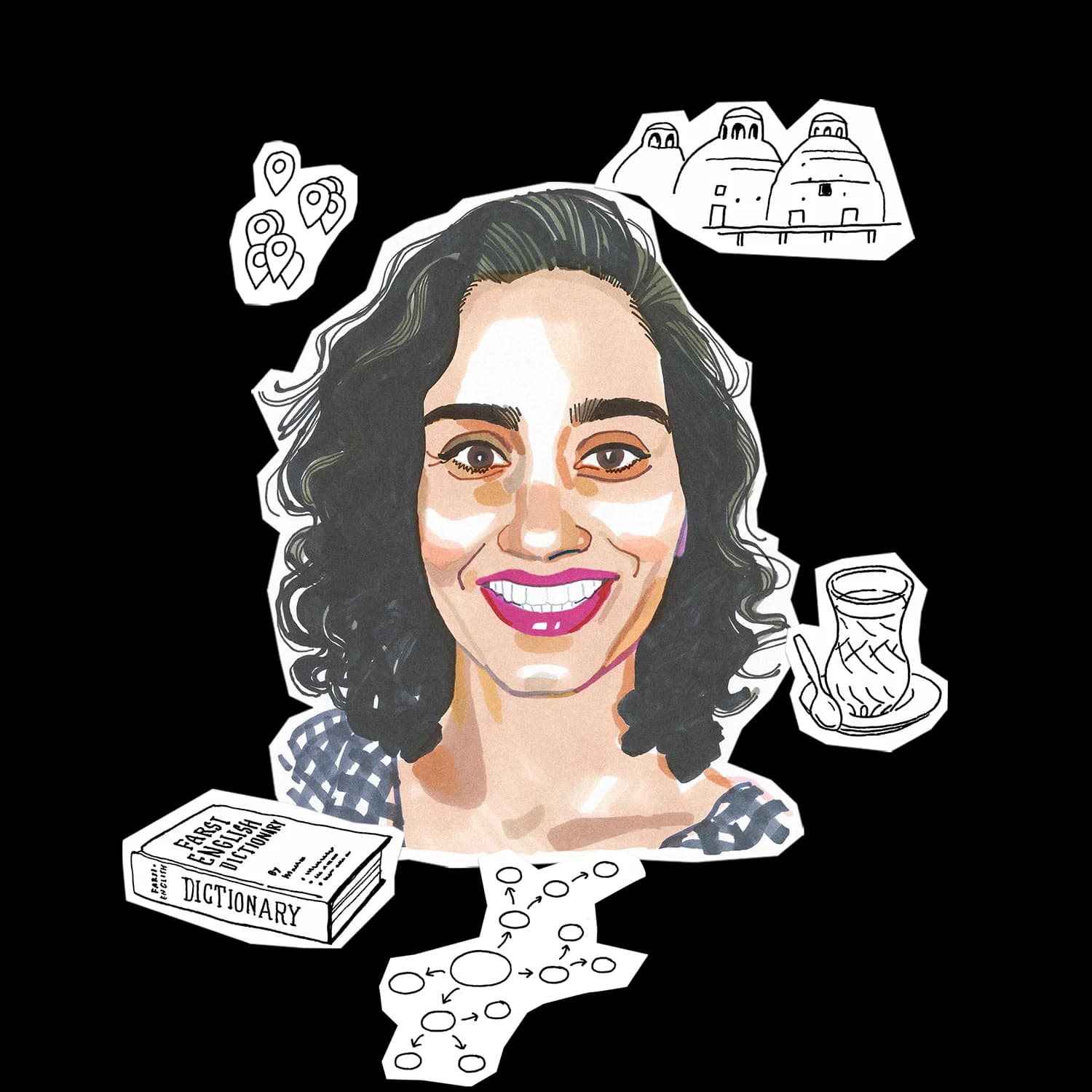 Collage of a woman with dark curly hair, Farsi dictionary, map pins, domed buildings, tea glass, and network diagram.