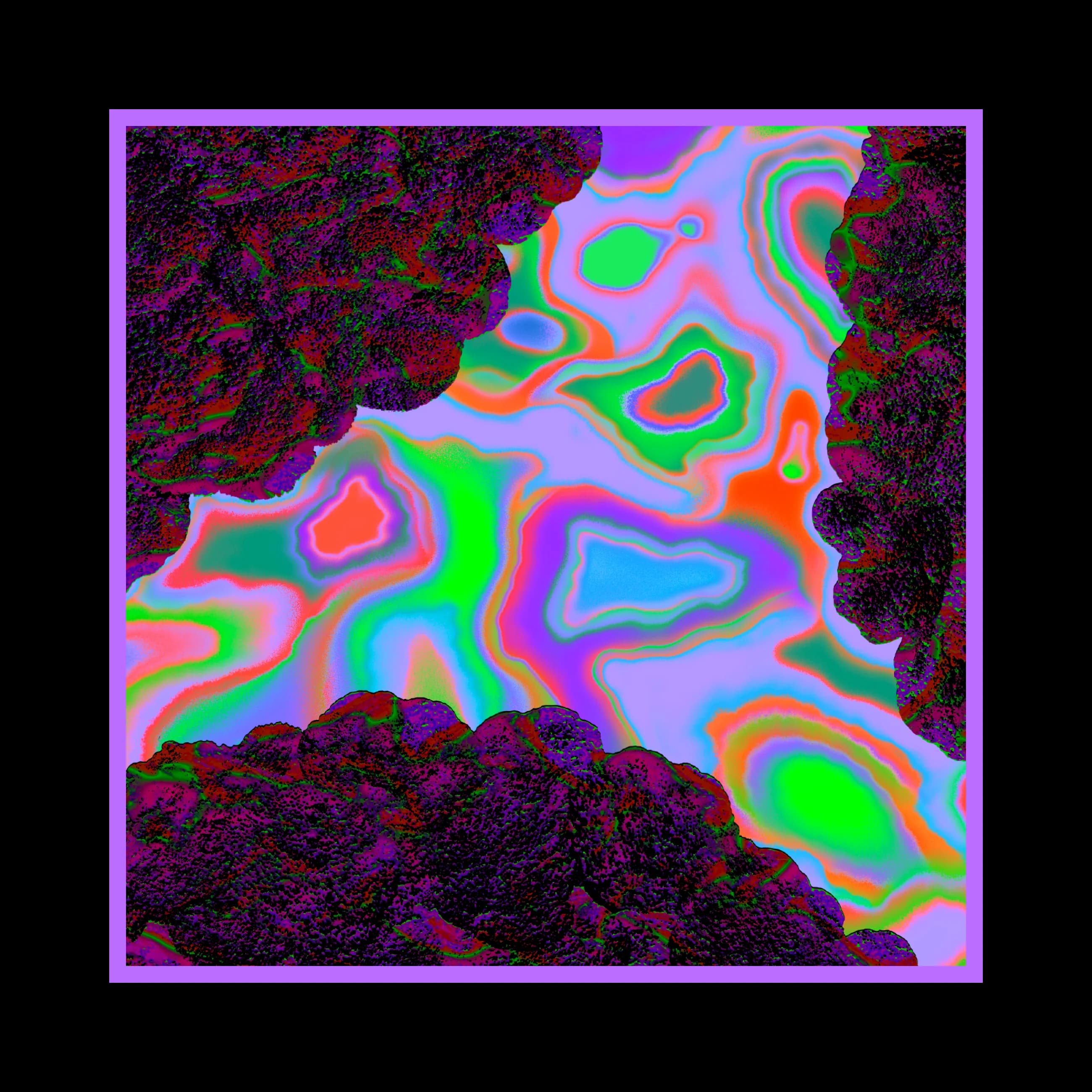 Vivid, swirling, neon-bright colors of orange, green, blue, purple, and red create an abstract backdrop to textured, dark, craggy forms. Lavender border.