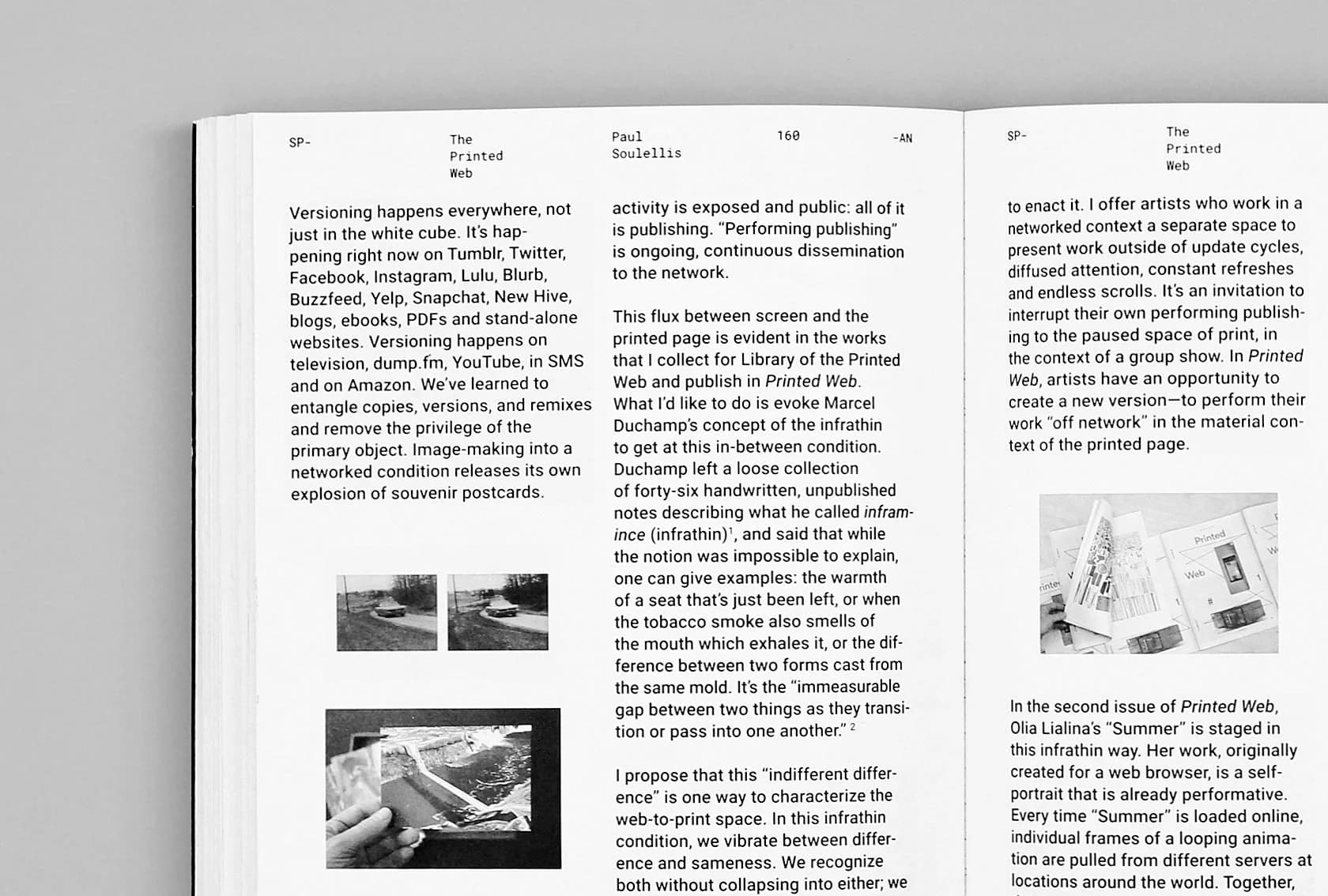 Open book showcasing an essay about "The Printed Web." Grainy photos show web-based art printed, held, and displayed alongside its digital form.