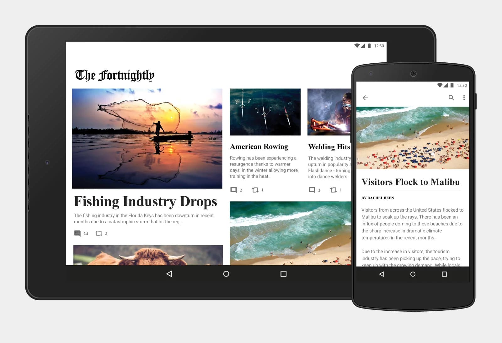 News website displayed on tablet and phone. The tablet shows article titles and images.