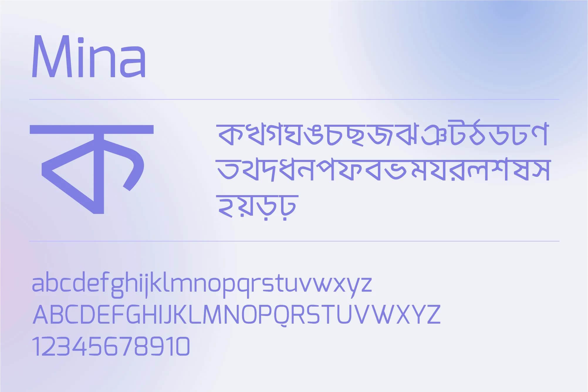 Purple gradient background. Mina typeface sample: large "क" character, alphabet, numerals, and sample text.