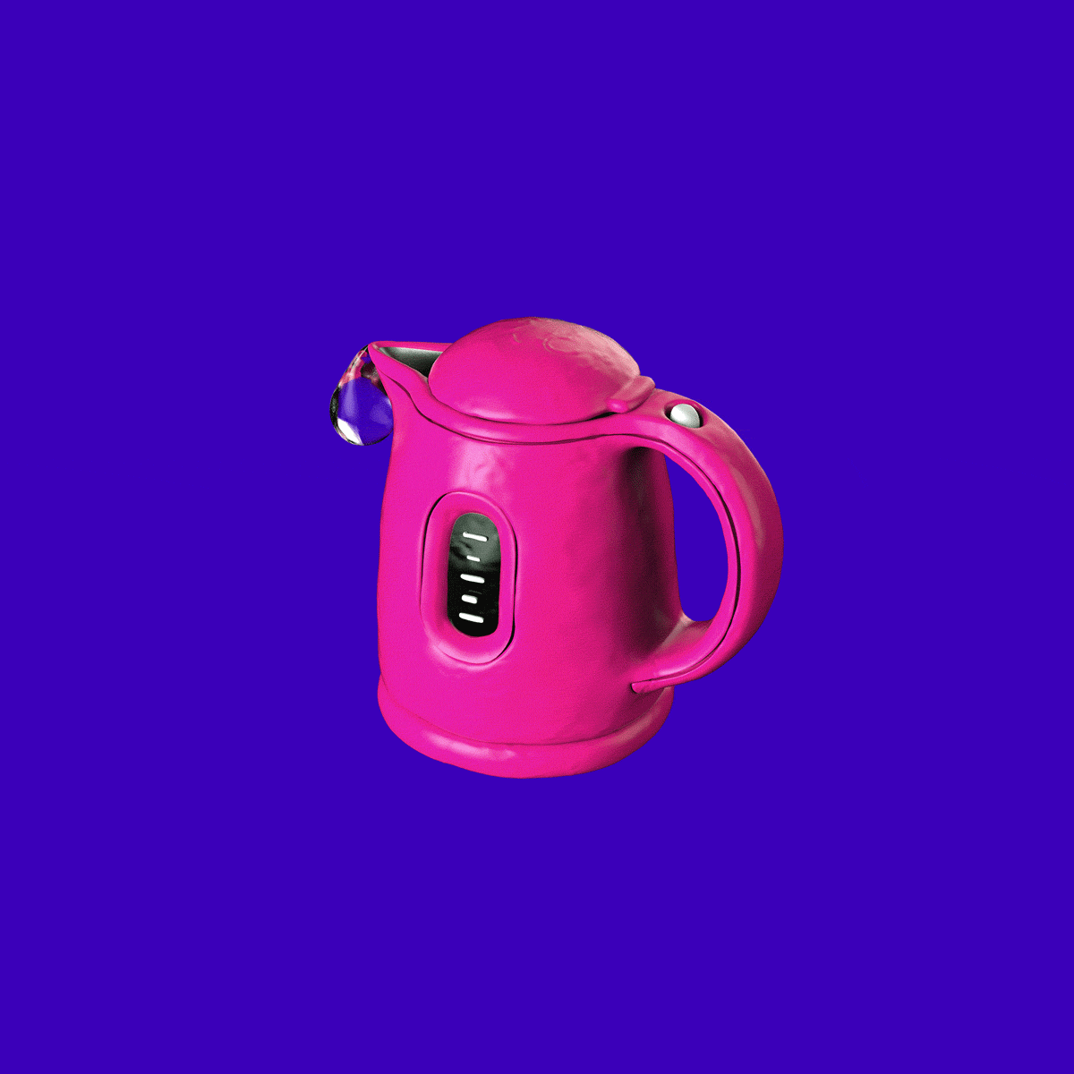 Pink electric kettle angled right against a vibrant blue background.
