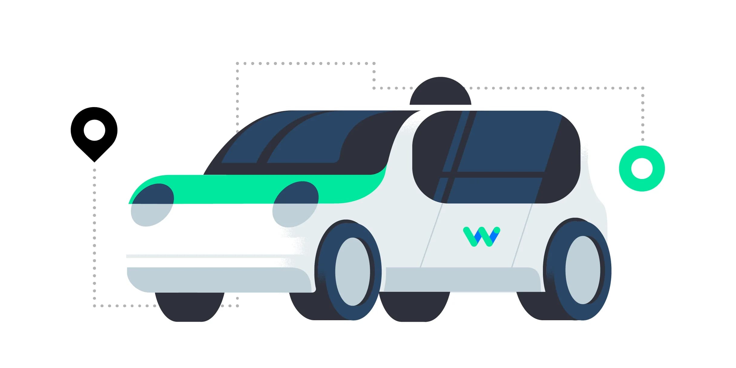 Self-driving Waymo car with location pins indicating a route.