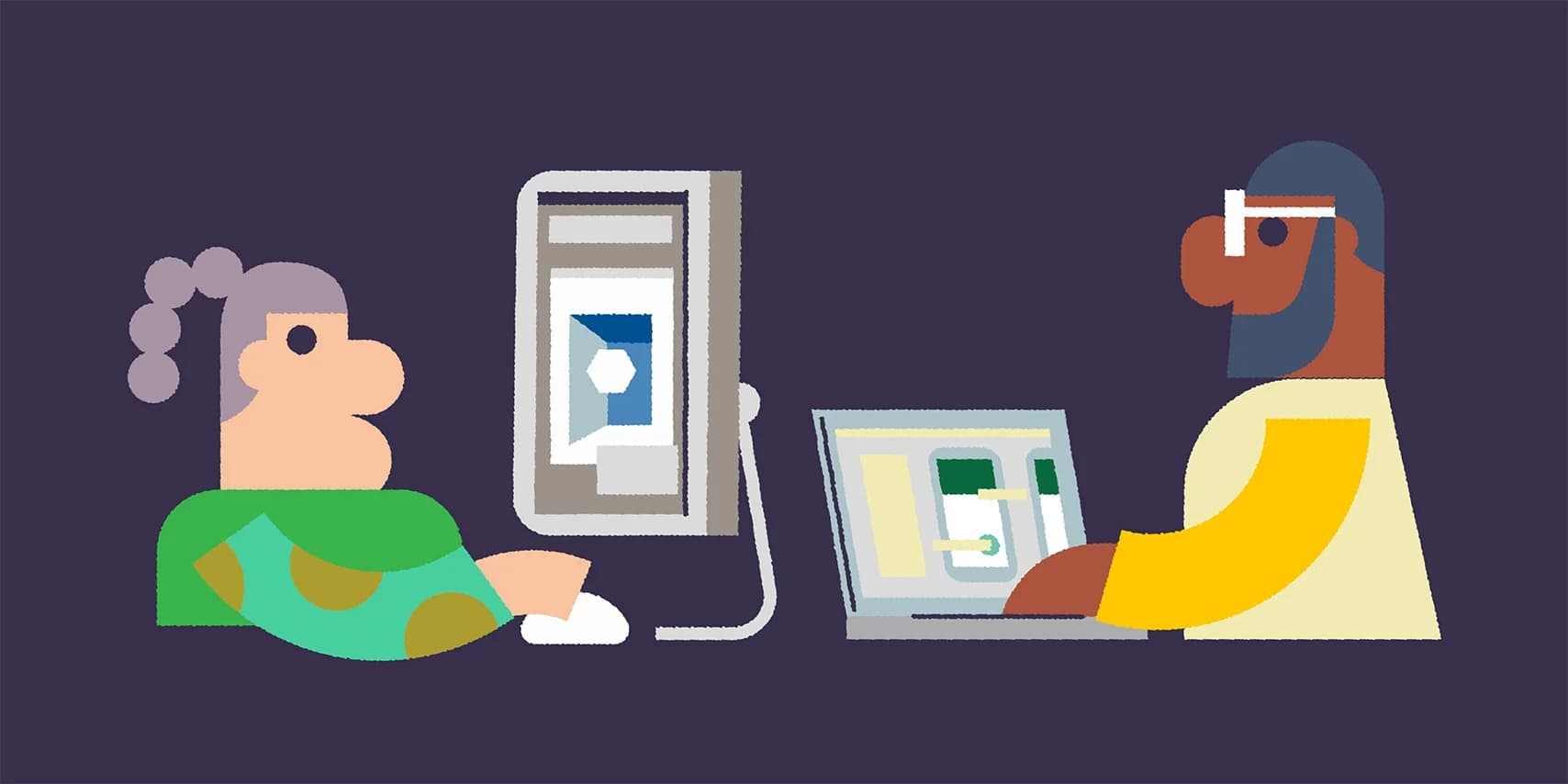 Two stylized people work on computers. One person uses a desktop, the other a laptop.