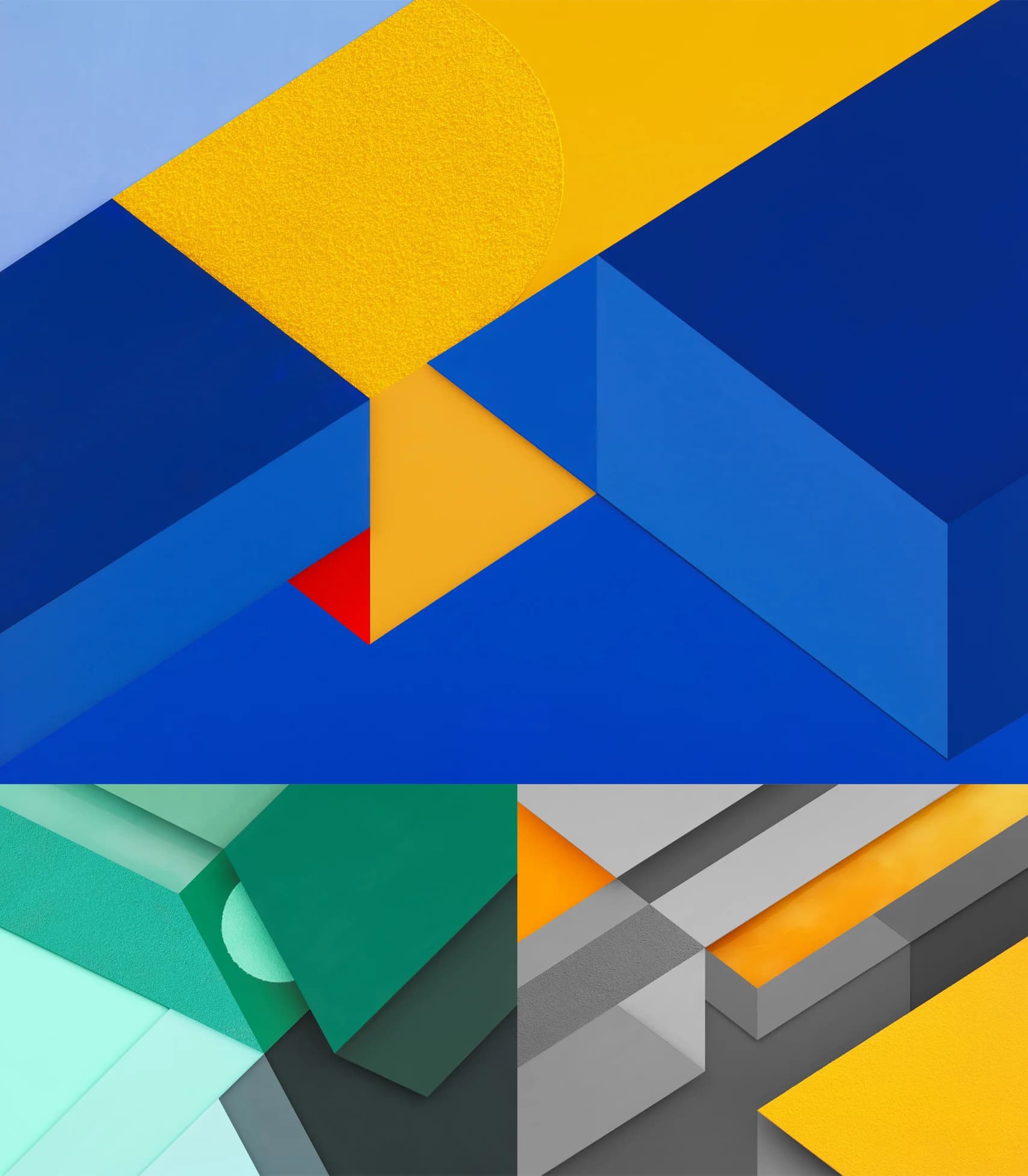 Abstract geometric design with layered shapes in bold colors. Yellow, blue, teal, and gray variations shown.