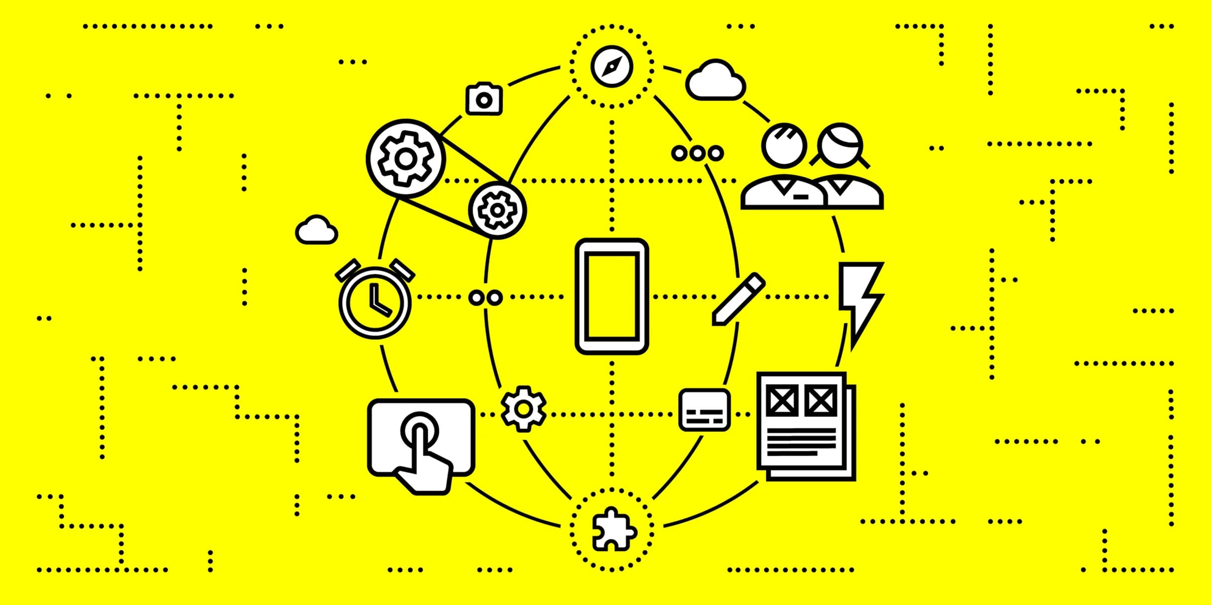 Connected icons of people, devices, documents, and tools illustrate a collaborative, fast-paced, global digital workflow.