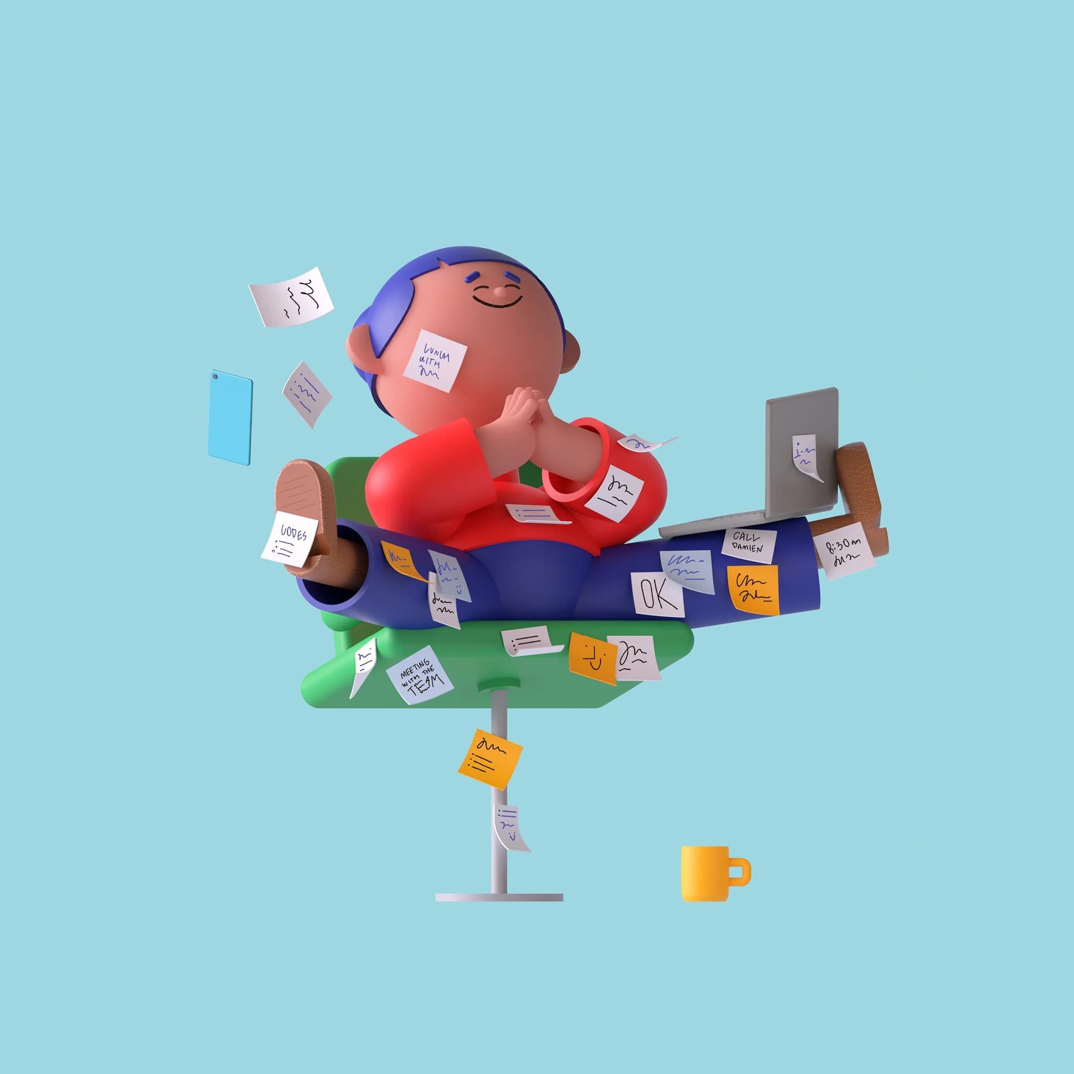 Cartoon figure sits relaxed in an office chair, covered in sticky notes, with a laptop and mug nearby.