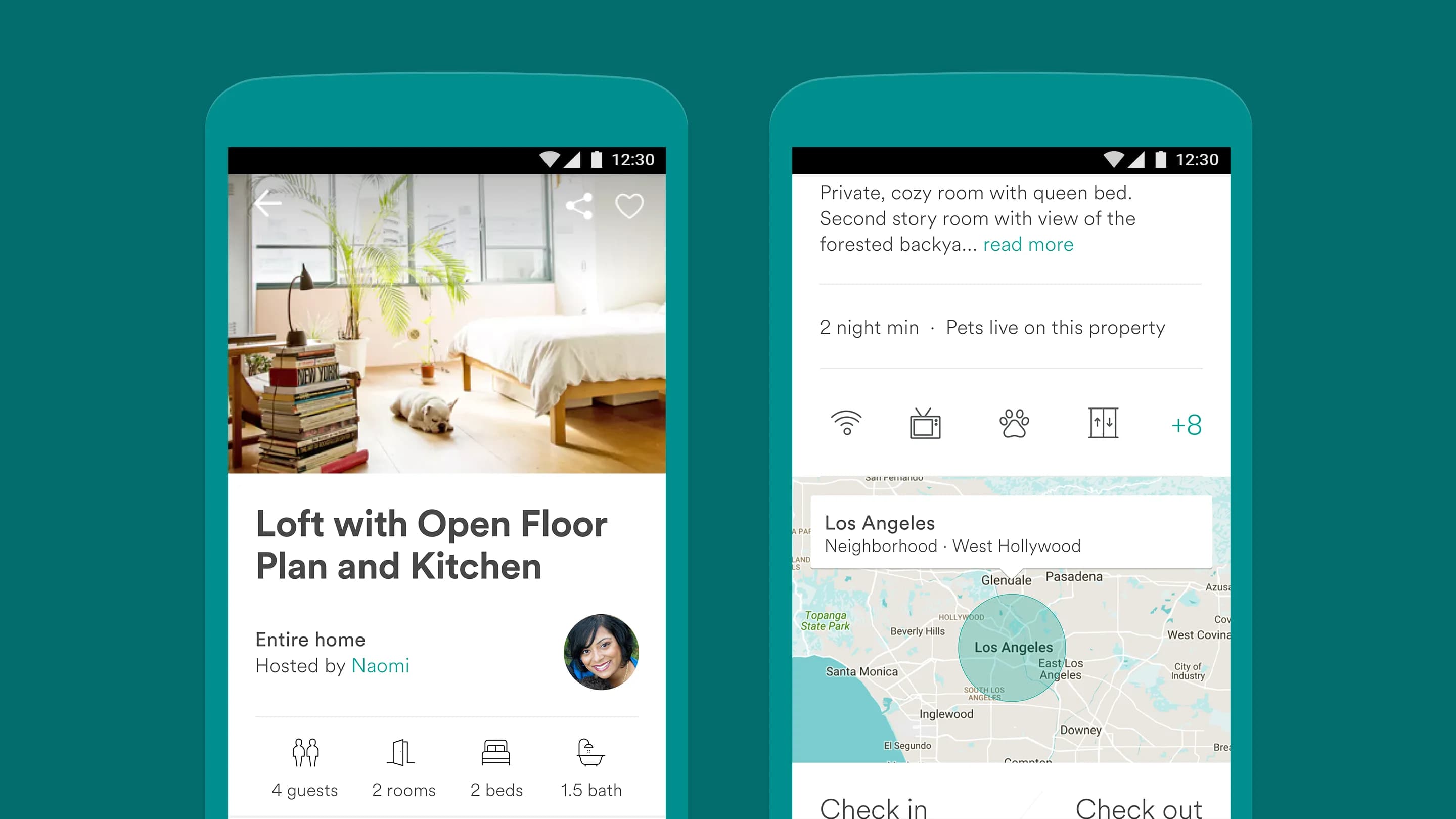 Airbnb app showing a bright, plant-filled loft bedroom and a second screen showing location, amenities, and host details.