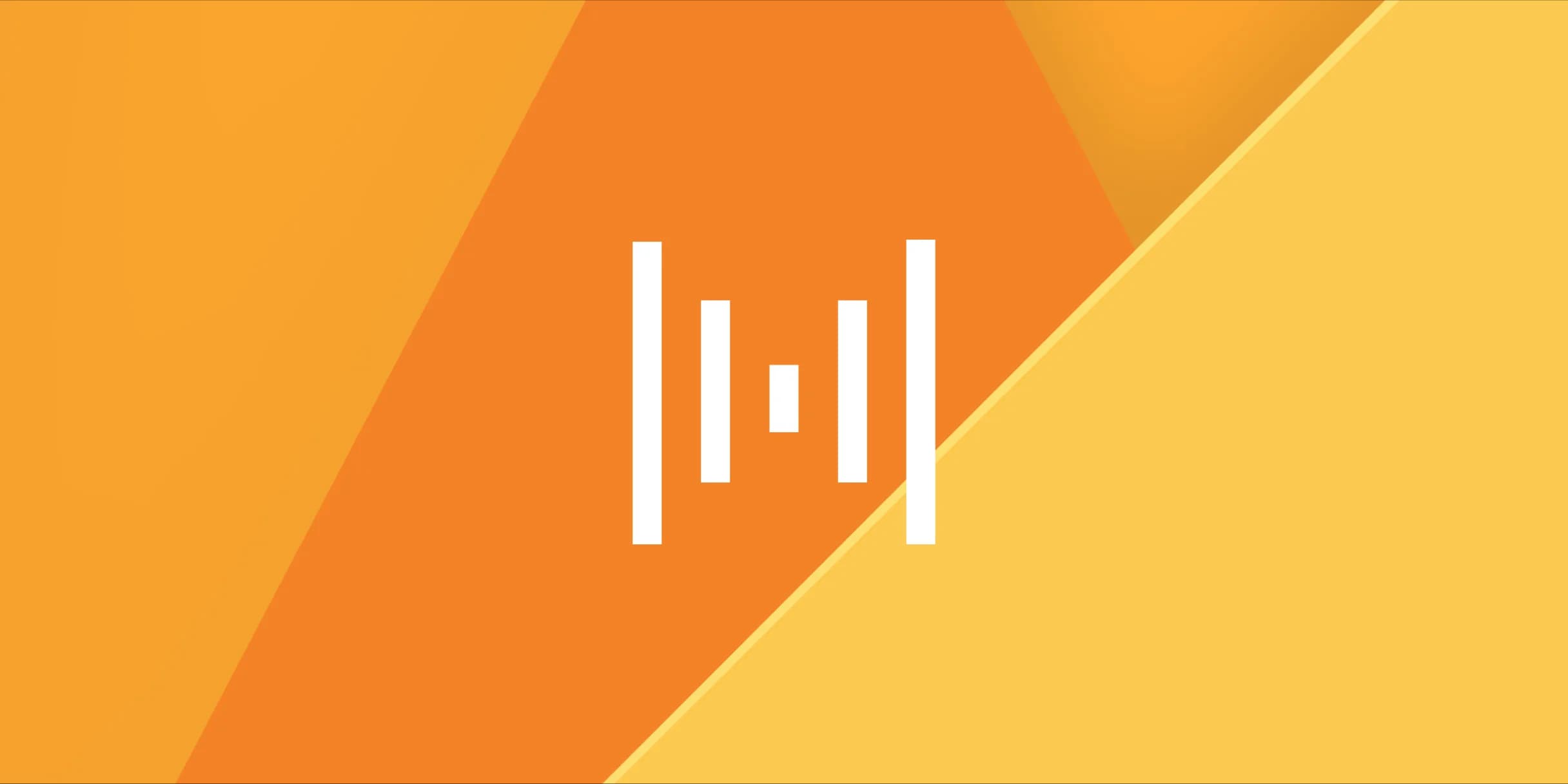 Orange and gold angled planes create a dynamic backdrop for a white abstract graphic resembling a stylized audio waveform.