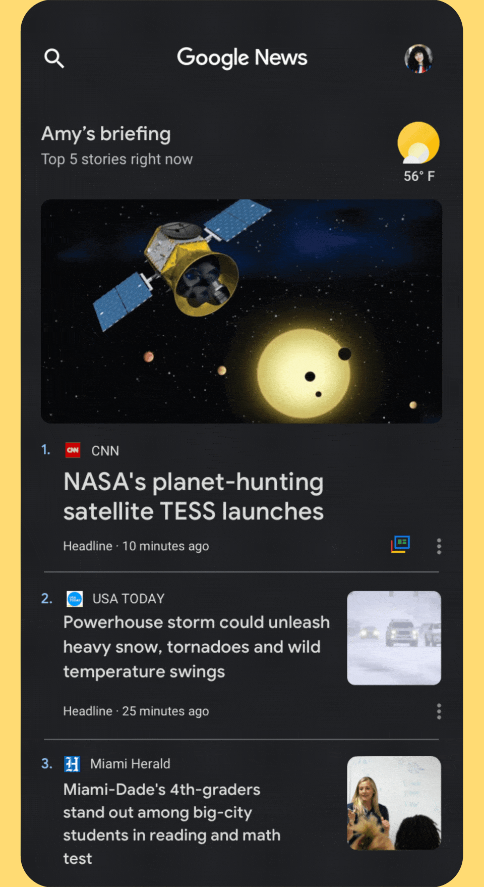 Screenshot of Google News mobile app homepage. Top stories include NASA’s TESS satellite launch, a major storm, and Miami student test scores.