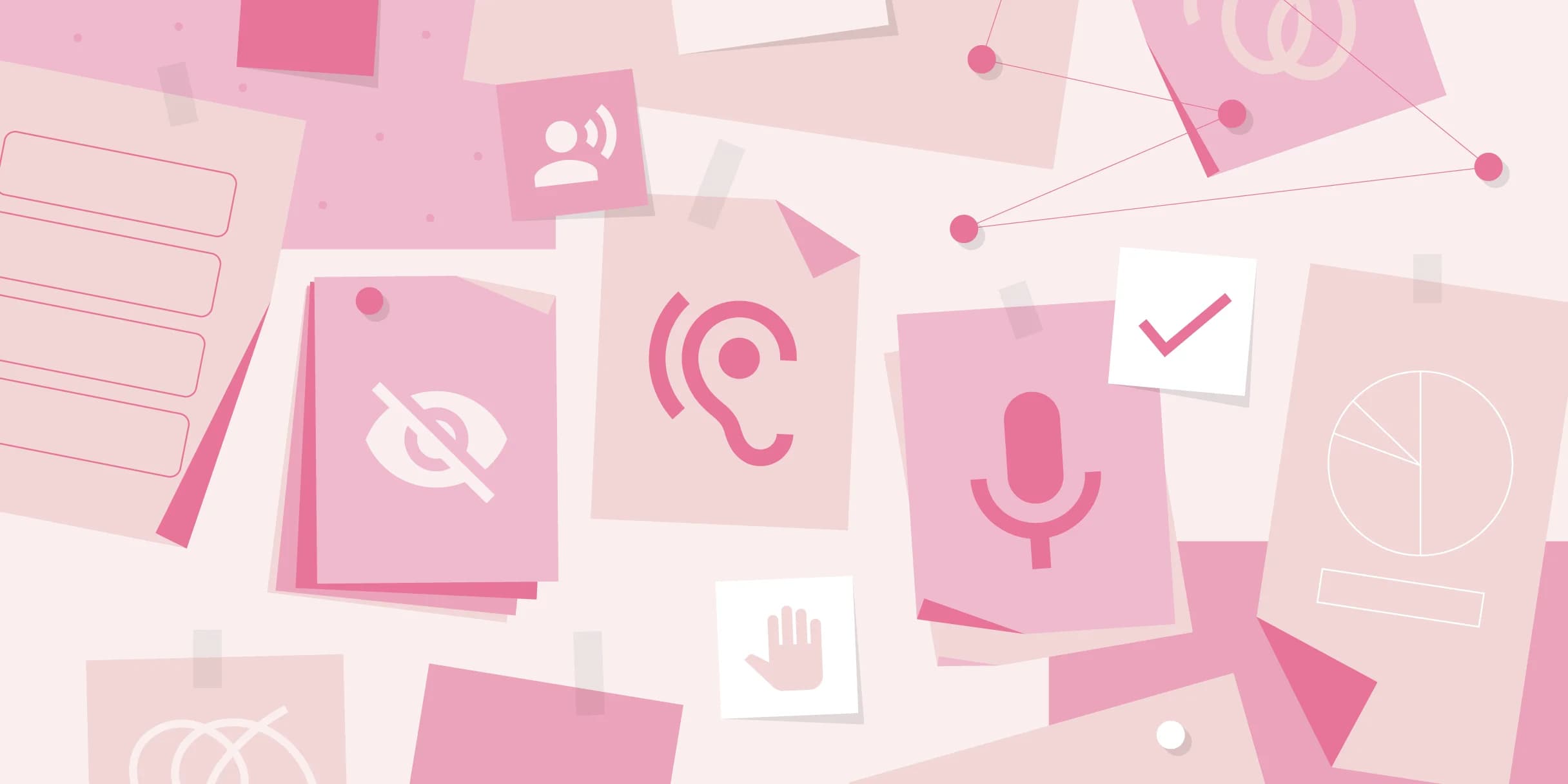 Pink sticky notes, papers, and string create a mood board featuring icons for accessibility: sight, hearing, speech, touch, and person.