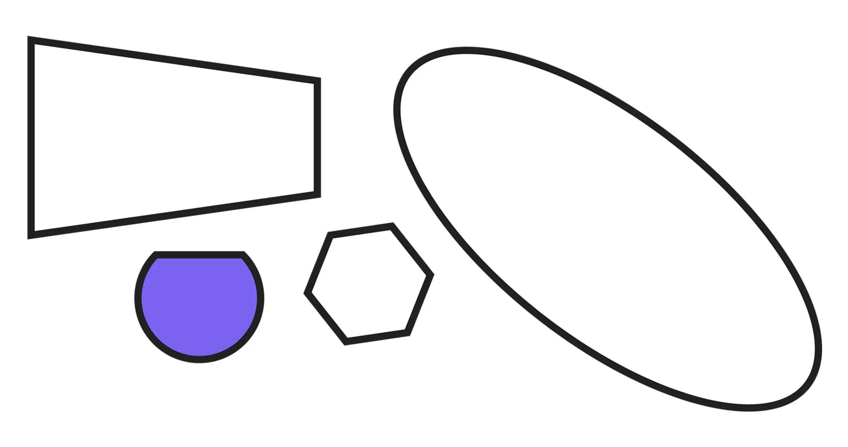 A trapezoid, oval, hexagon, and half-circle. One shape, the half-circle, is filled with solid purple.