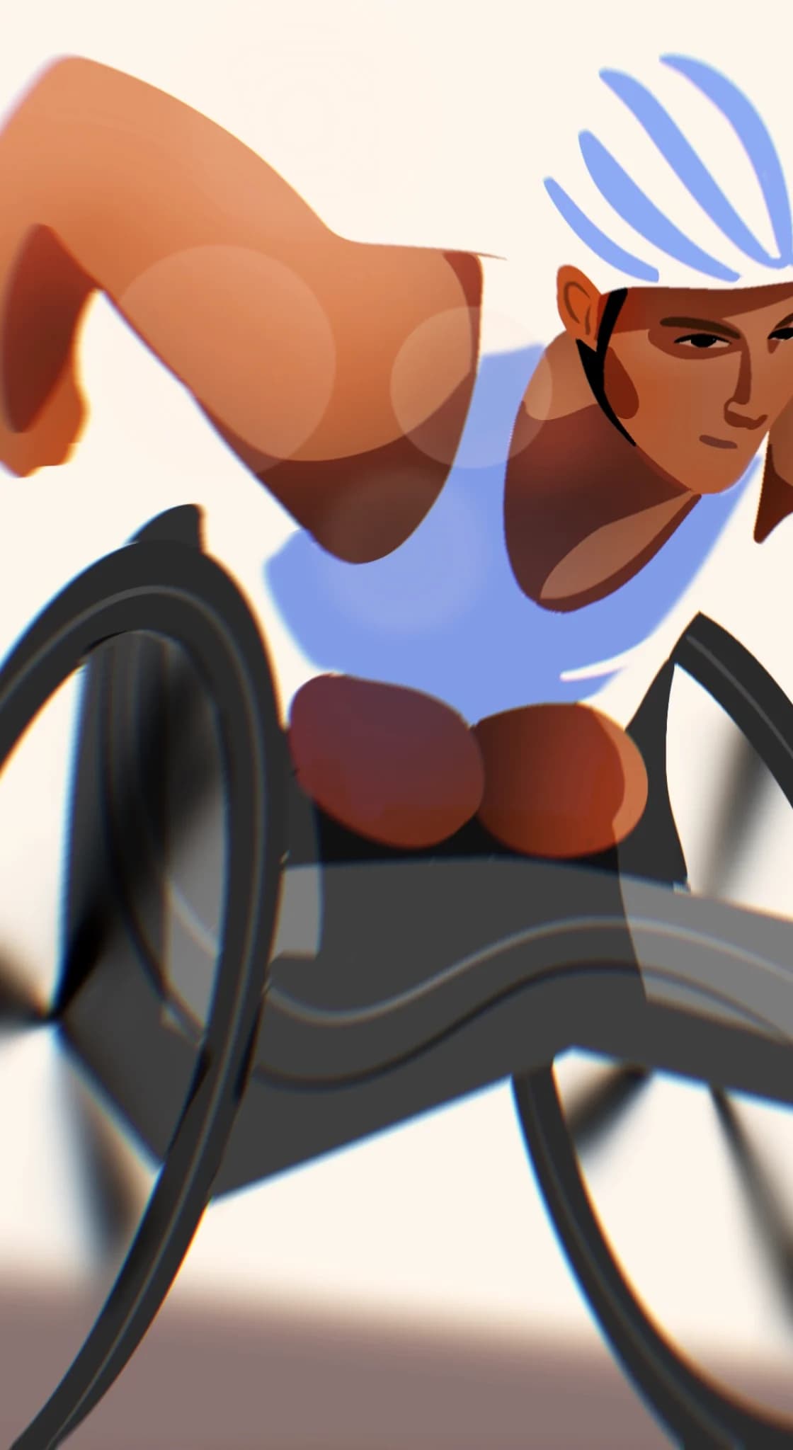A determined athlete races forward in a wheelchair. The wheels blur with motion, and their eyes focus ahead.