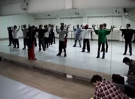 Over a dozen dancers rehearse the music video’s steps and motions in front of a mirror.