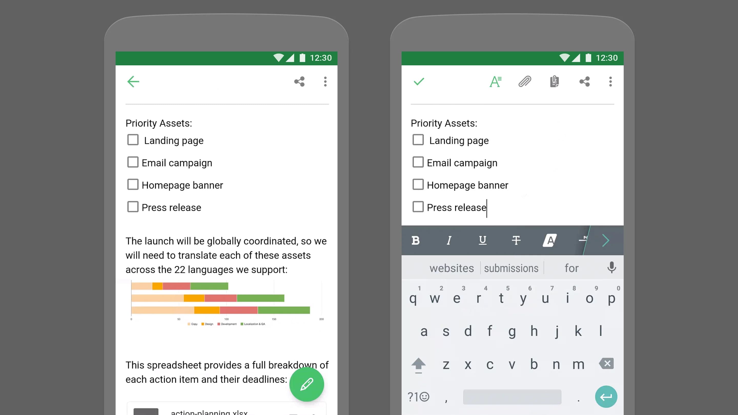 Two Evernote screens display a project launch plan. The first screen shows project assets and translation progress. The second shows editing options for the assets.