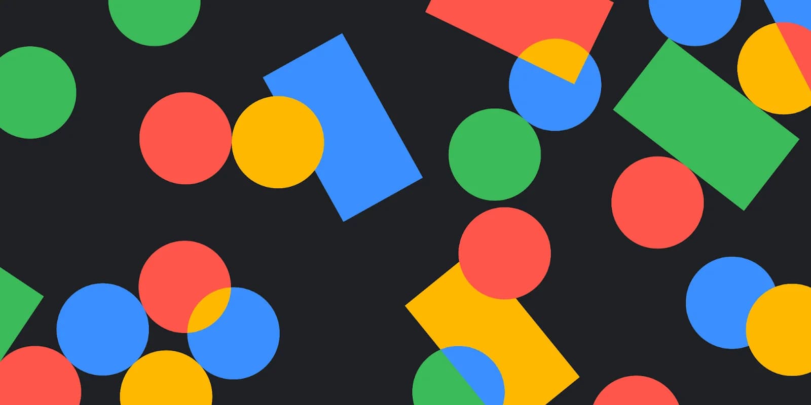 Colorful circles and rectangles overlap on a dark background.