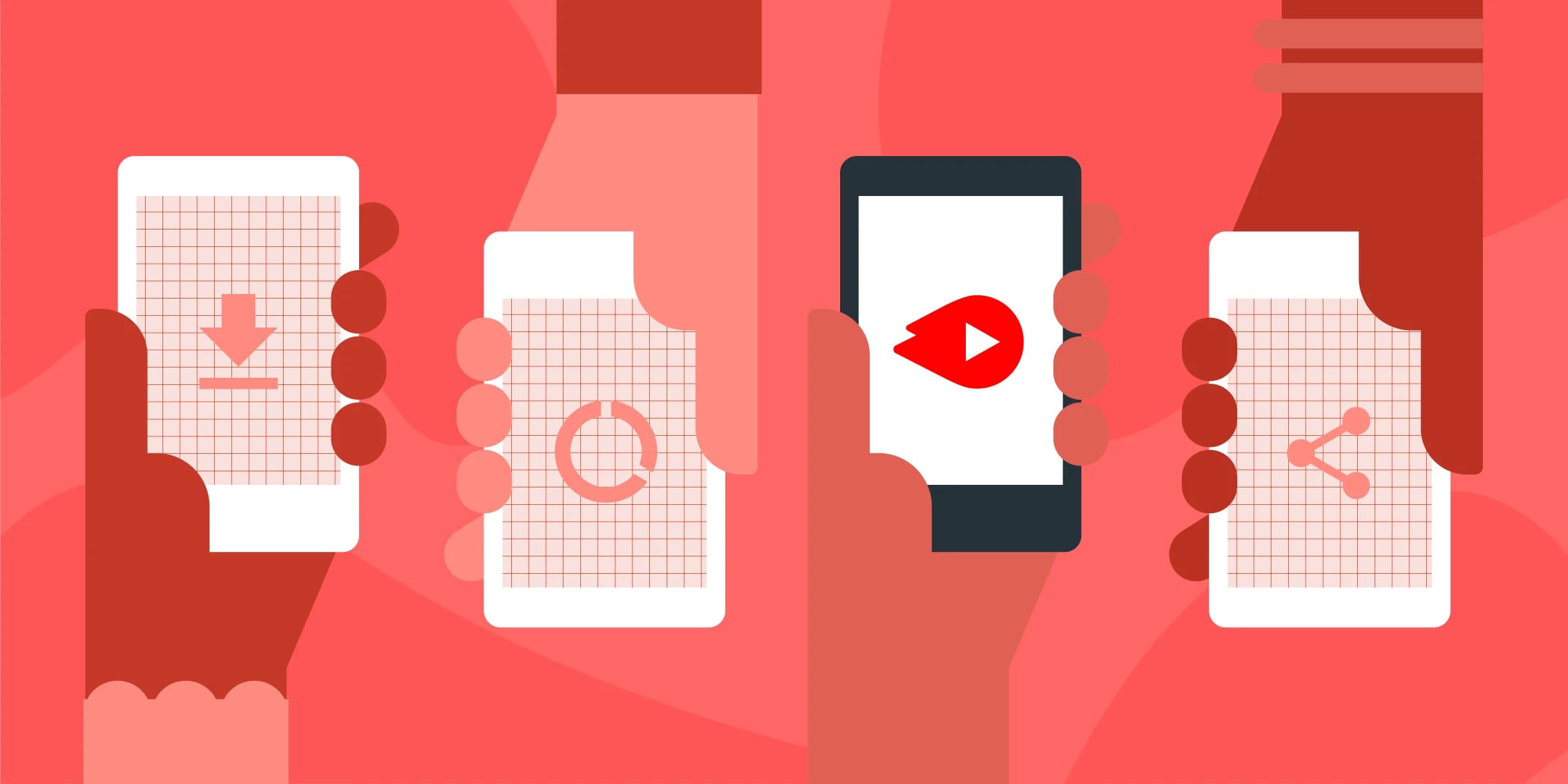 Four hands hold devices displaying icons for download, refresh, play, and share, symbolizing digital content interaction.