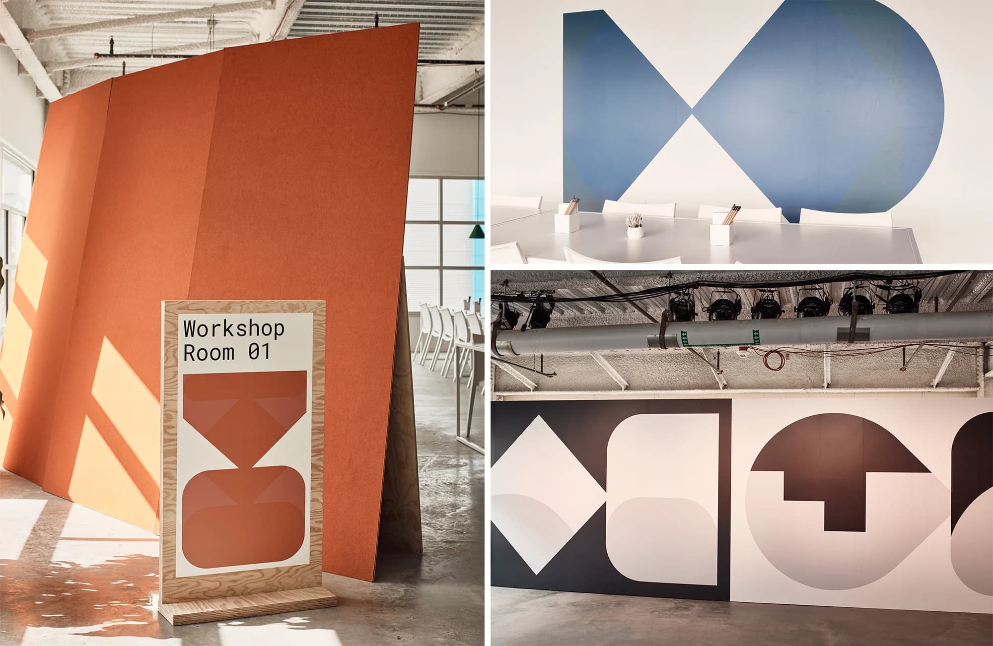Burnt orange room divider, matching signage, blue & white wall art, and black & white wall art in a modern office space.