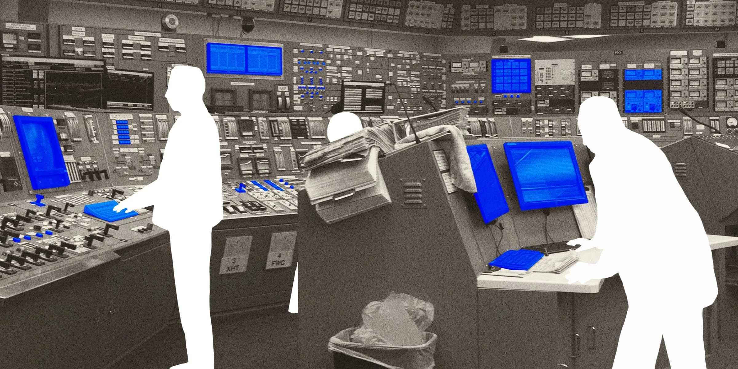 Silhouetted figures work at computer terminals and control panels in a vintage, sepia-toned control room.