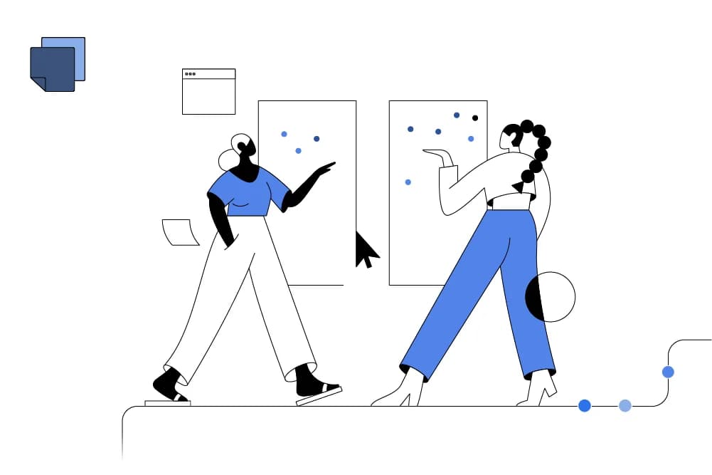 Two people collaborate on whiteboards with blue dots representing data points.