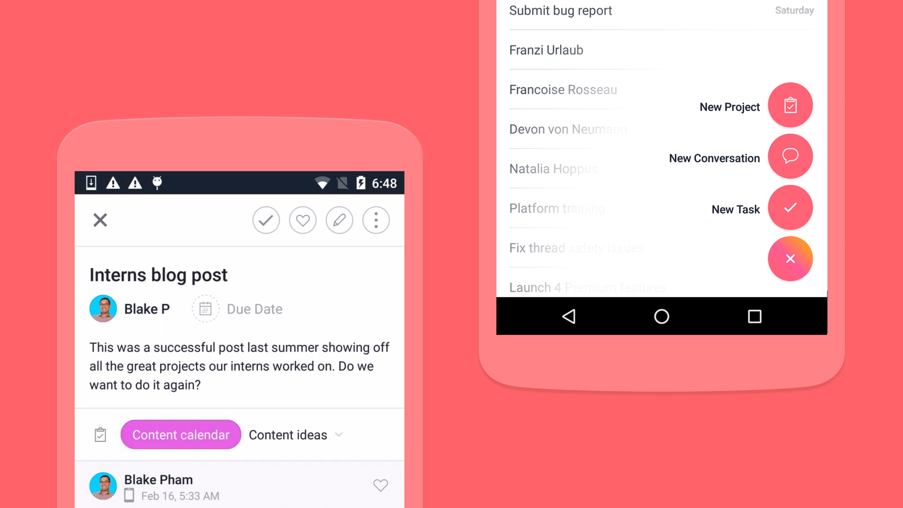 Two pink Asana app screens display project management features. One screen shows a blog post discussion with options to add reactions, edit, and more. The other screen lists project tasks and quick action buttons to create new entries.