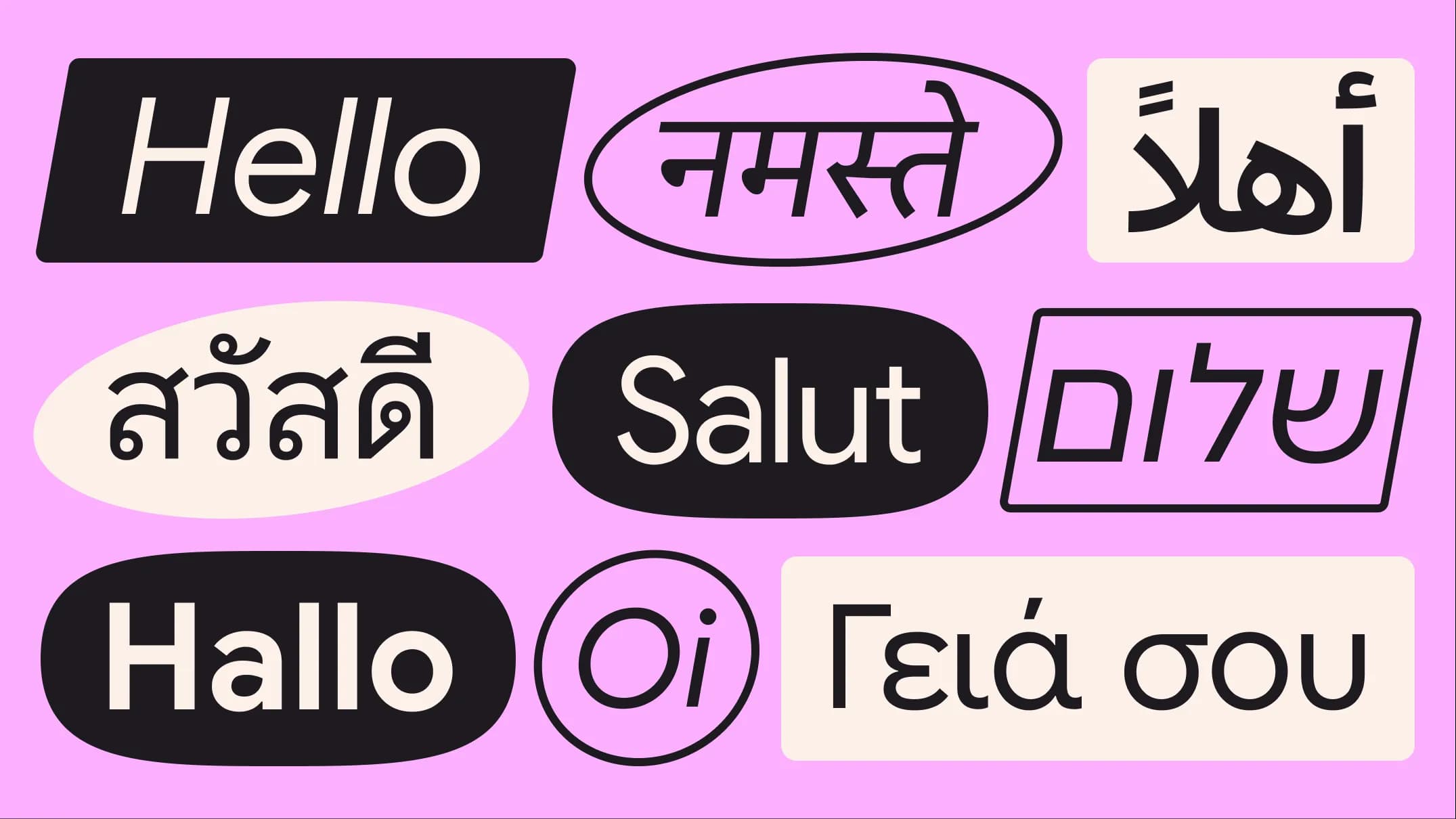 Greetings in various languages and scripts typeset in Google Sans in cream and black text on a pink background.