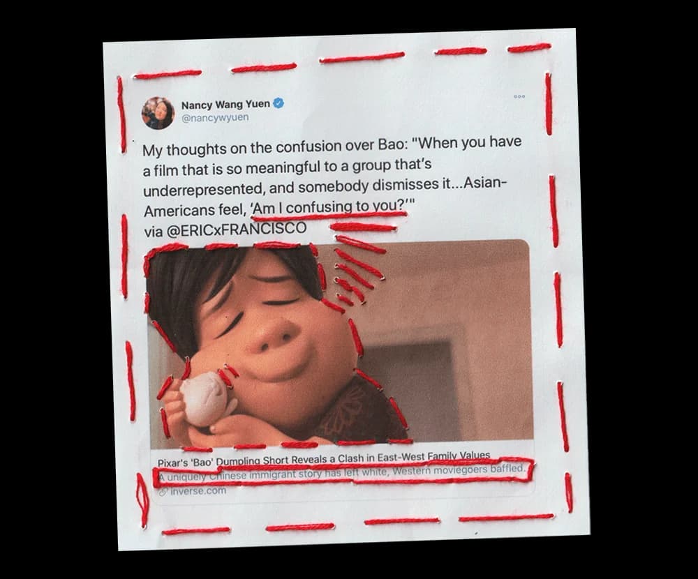 Tweet by Nancy Wang Yuen discussing the short film Bao. A still from the film shows a person holding a dumpling. Red thread outlines the tweet, as if stitched.