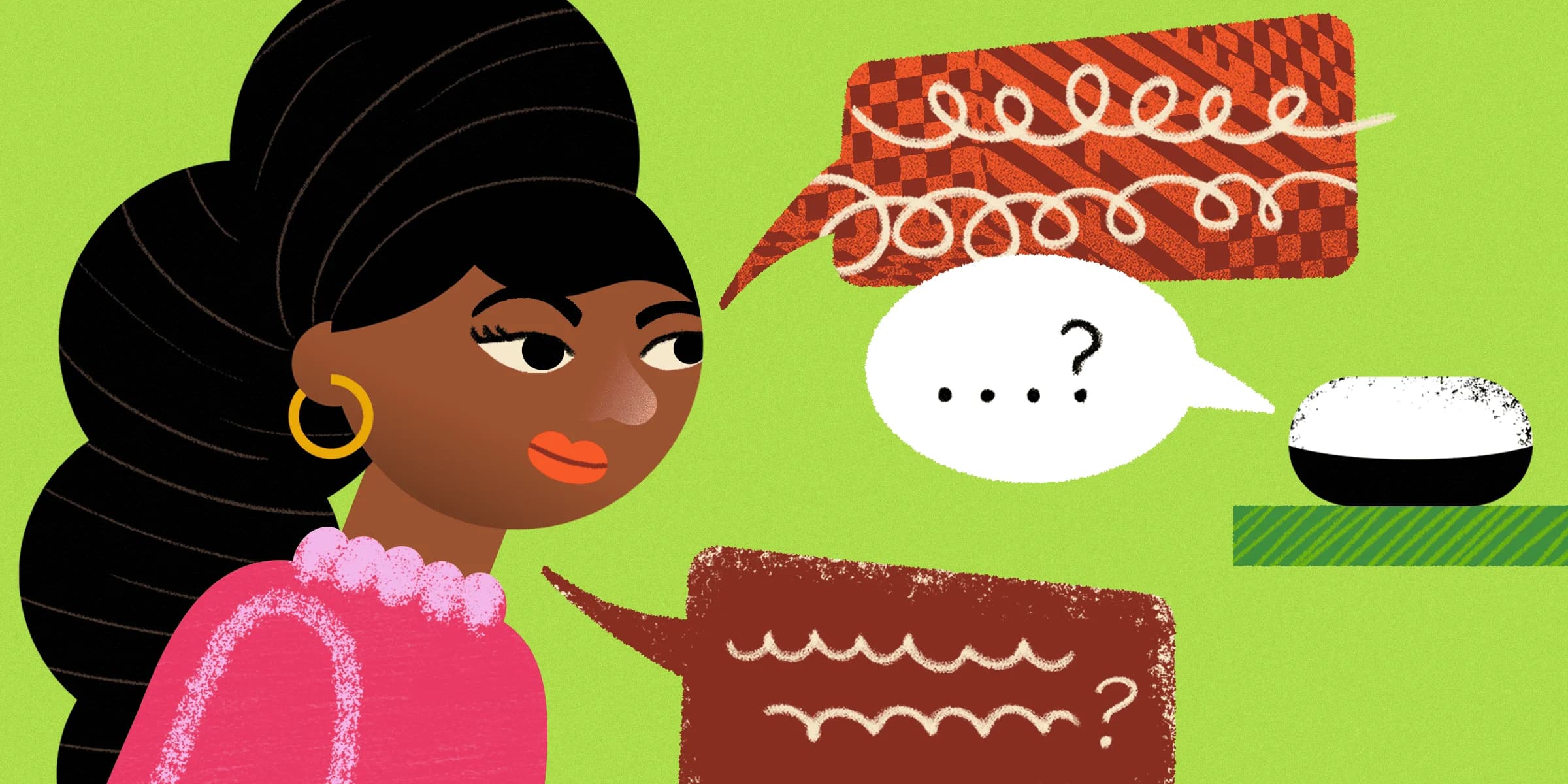 A Black woman with a stylish updo ponders a Google Home device on a shelf.