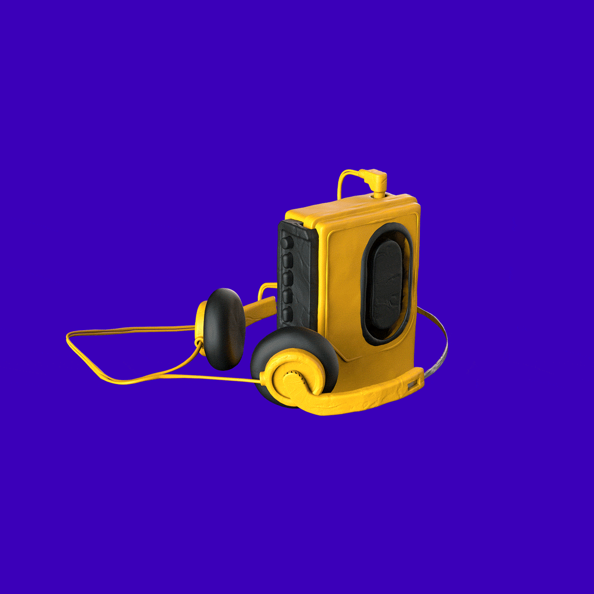 Yellow Walkman with black headphones against a vibrant blue background.
