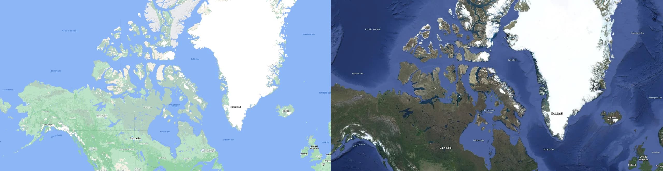 Two maps of northern North America and Greenland, one simplified, one terrain, showing political boundaries.