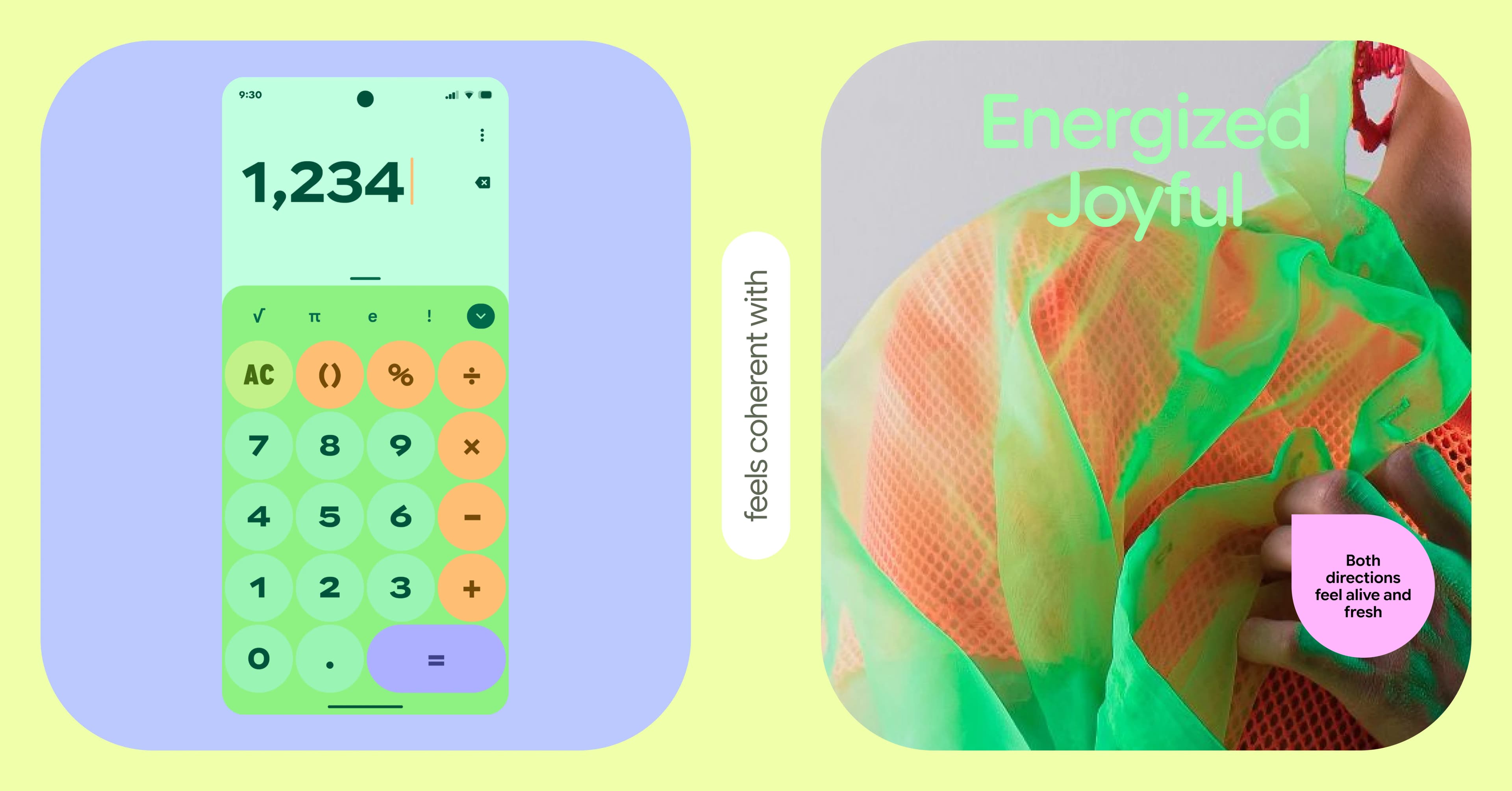 Vibrant calculator interface next to details of a fashion garment with text labels that read “energized” and “joyful.”