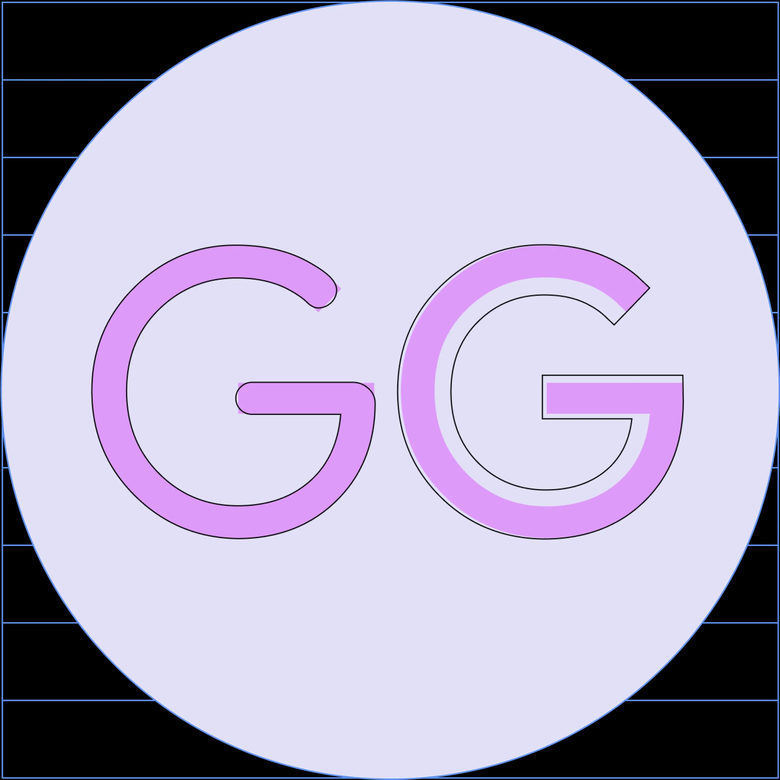"GG" in a rounded, sans-serif font. The letters have thin, dark outlines.