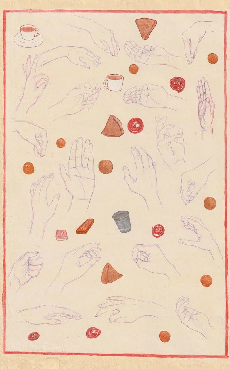 Hands reach for and grasp brown treats and small cups of coffee on a cream background.
