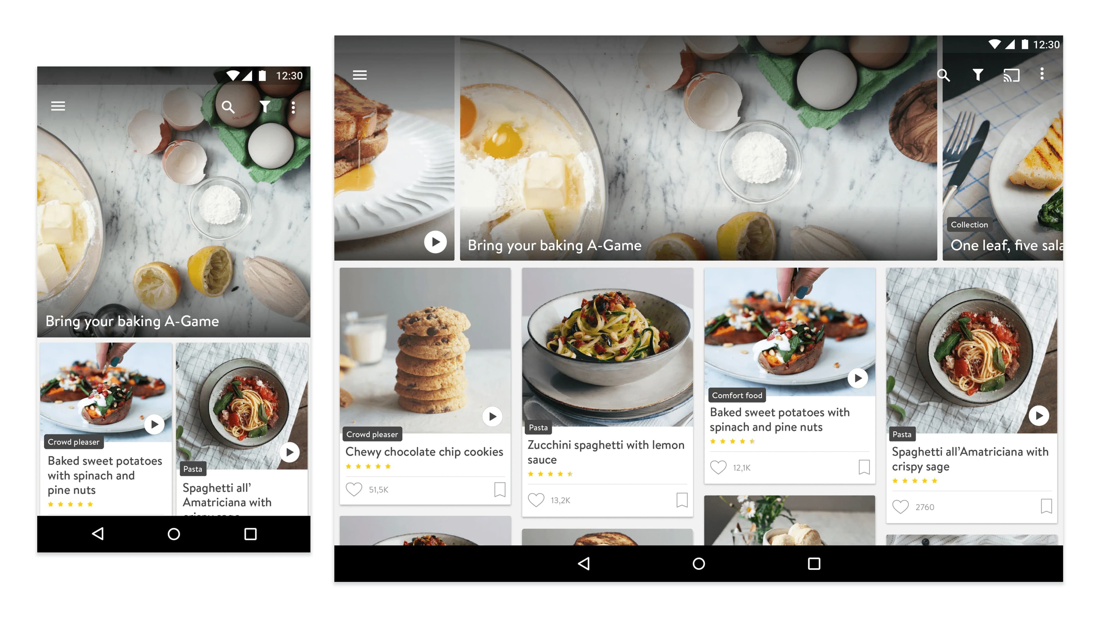 Recipe app showing baking ingredients on a marble countertop, and recipe cards featuring cookies, pasta, and roasted vegetables.