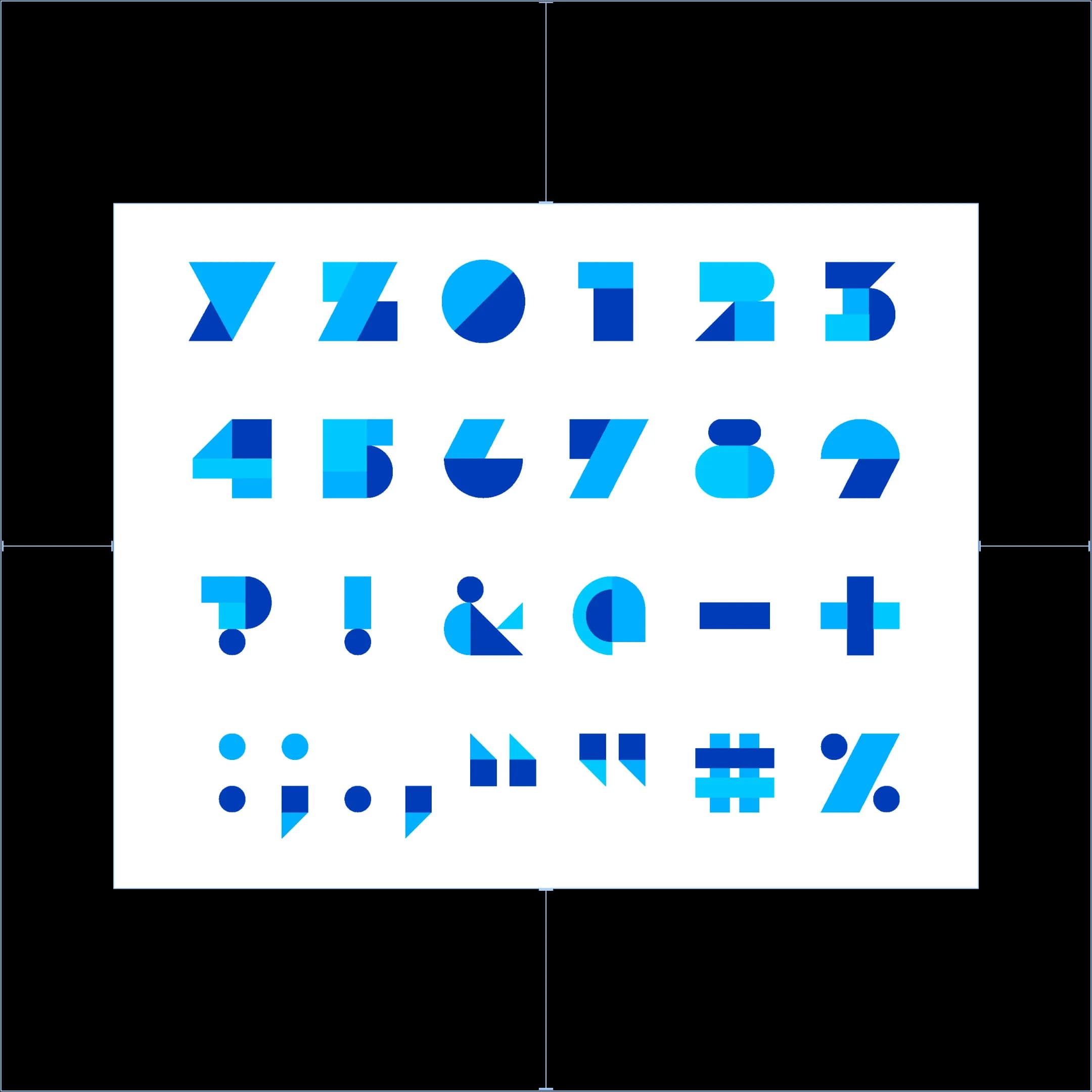 Blue geometric numbers and symbols zero through nine, plus question mark, exclamation point, ampersand, minus sign, plus sign, colon, semi-colon, period, comma, greater than and less than symbols, hashtag, and percent sign.