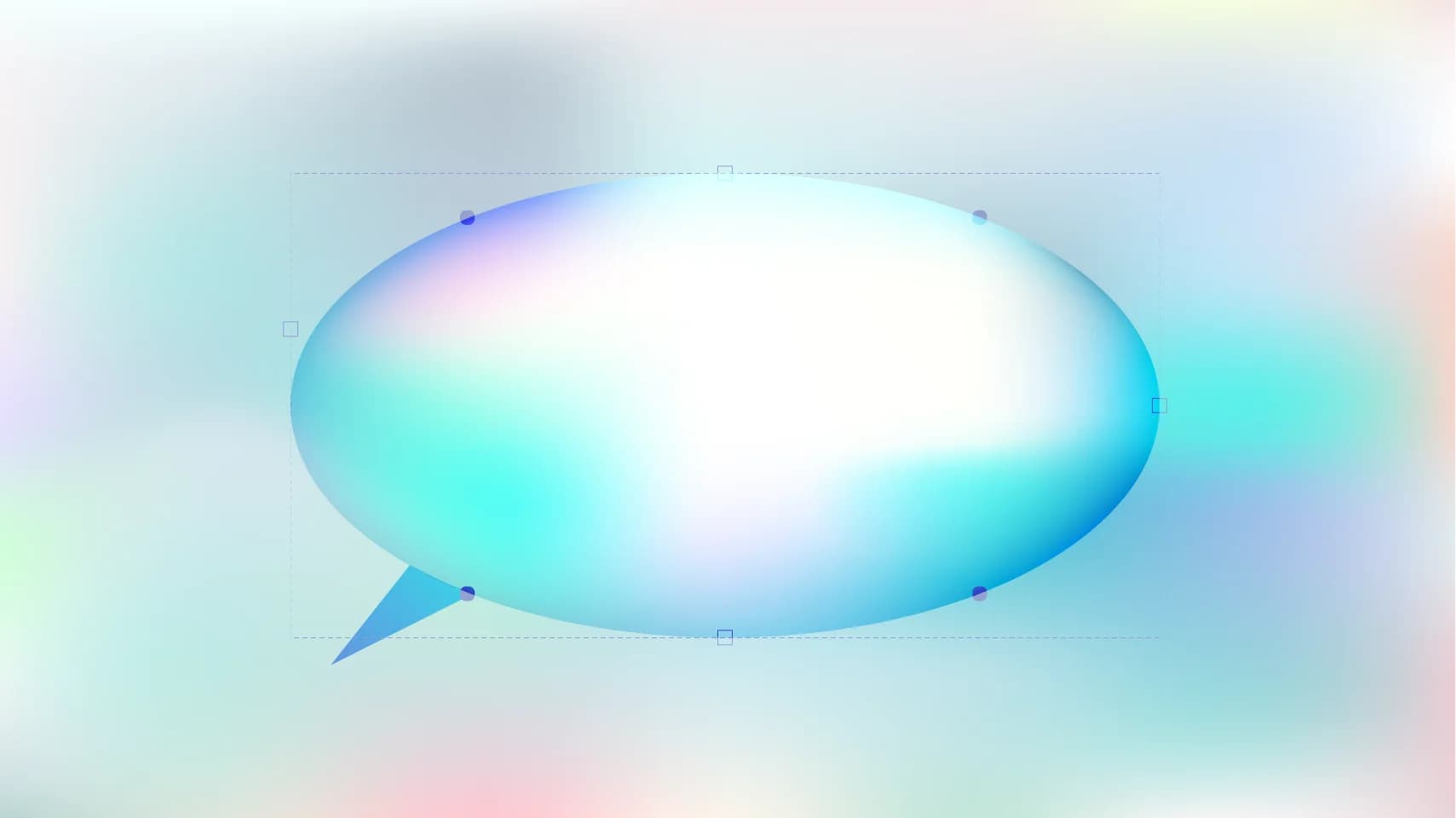 A light blue thought bubble with a gradient of turquoise and pink floats on a soft pastel background.