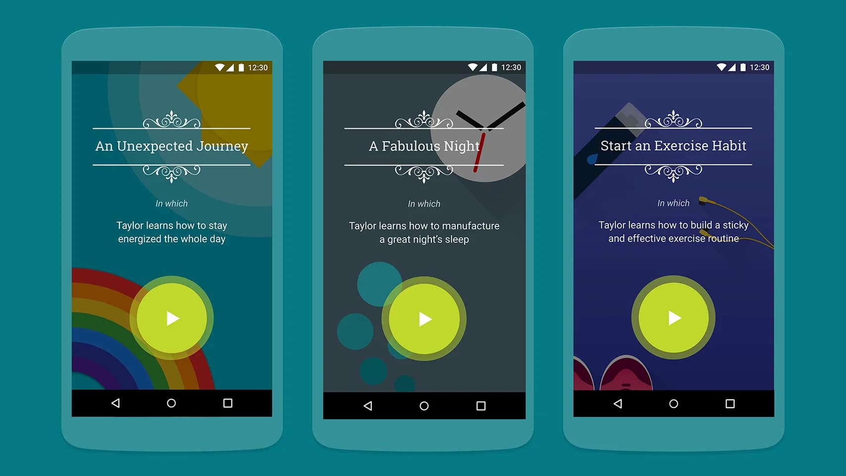 Three teal smartphone screens display colorful app interfaces for wellness programs: managing energy, improving sleep, and creating an exercise habit.