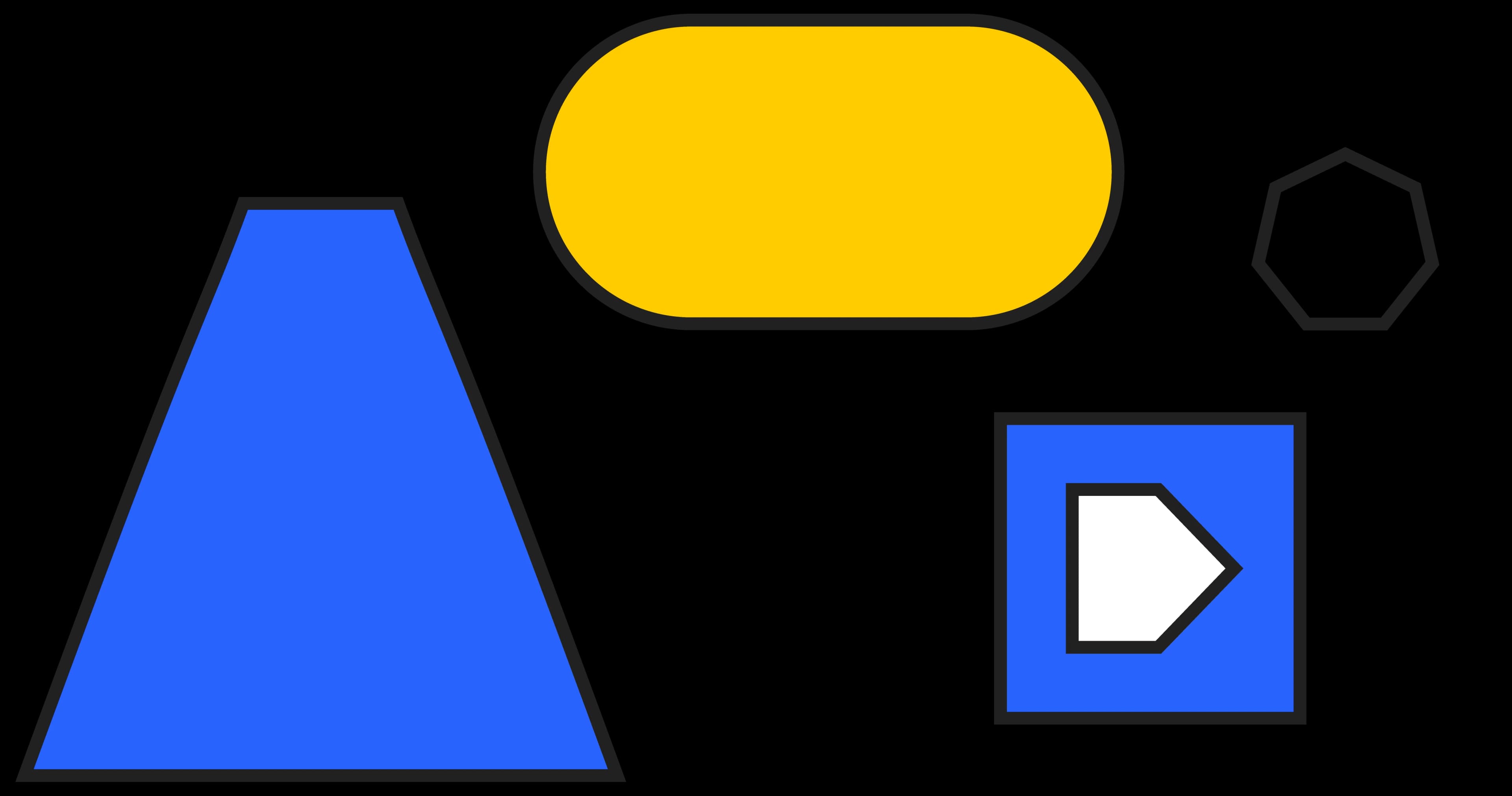 Four shapes on a black background. A blue triangle, gold rounded rectangle, black pentagon, and blue square with a white chevron.