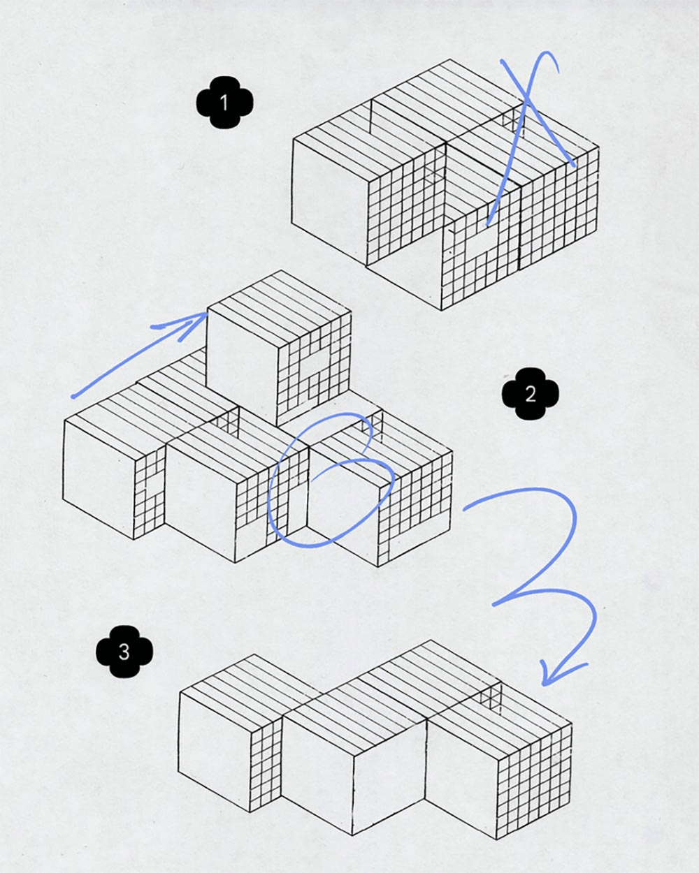Three isometric drawings illustrate how to assemble cube-shaped modules into a larger structure.