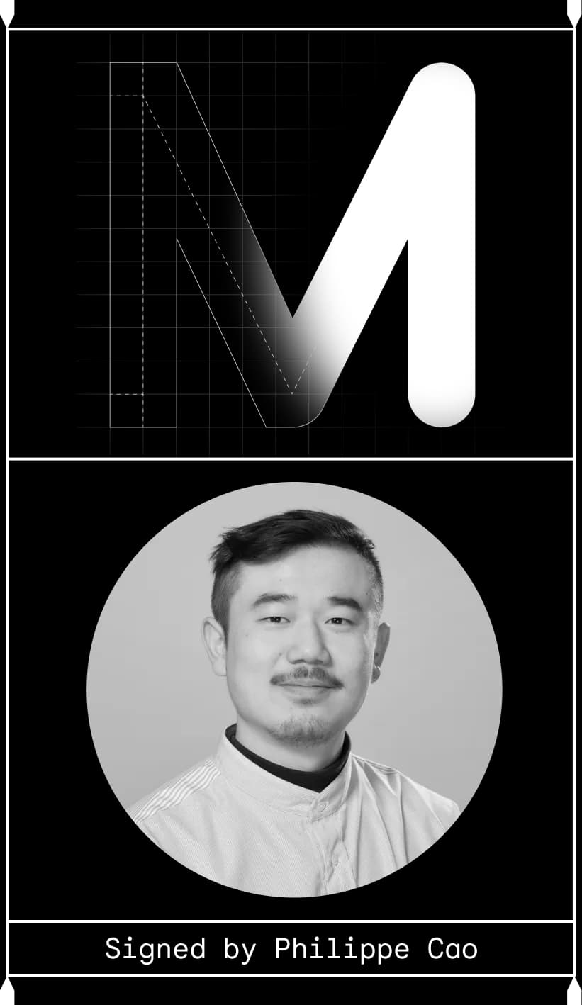 Computer-rendered "M" above a cheeky young man. Signed by Philippe Cao.