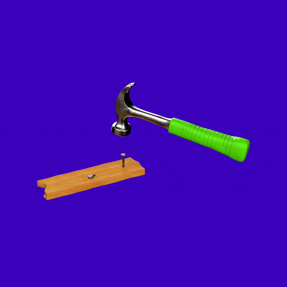 Claw hammer with green handle about to hit nail on piece of wood.