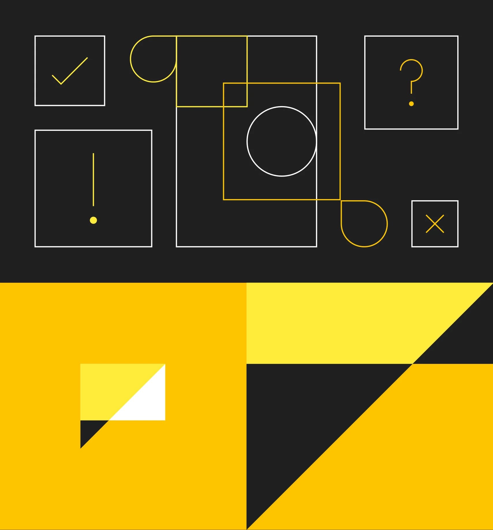 Abstract geometric design with yellow lines, circles, and squares on a dark gray background.