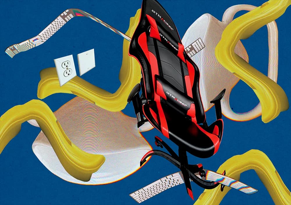 Red and black gaming chair floats against a vibrant blue background.