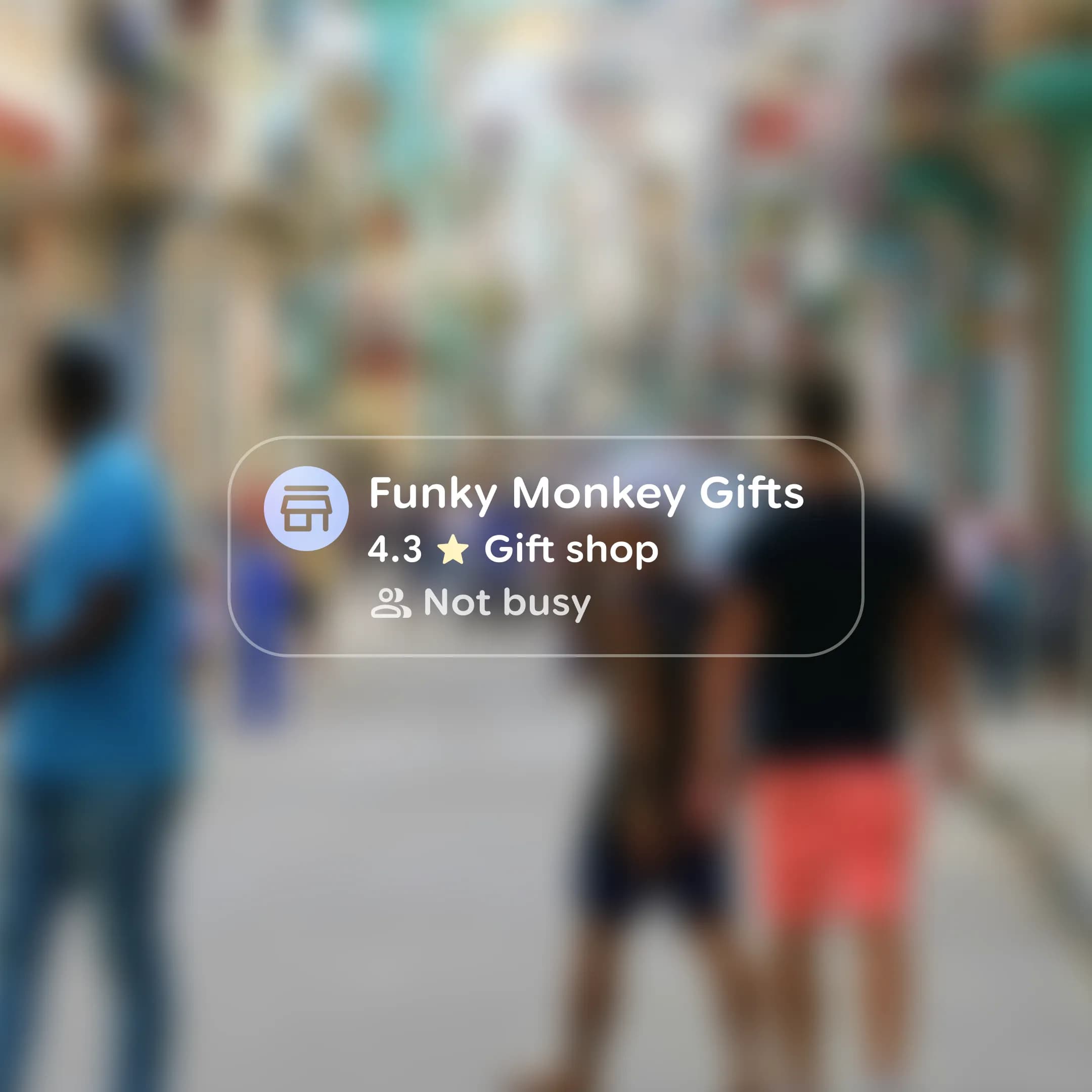 A glass UI card for “Funky Monkey Gifts” floats over a blurred, busy street scene.