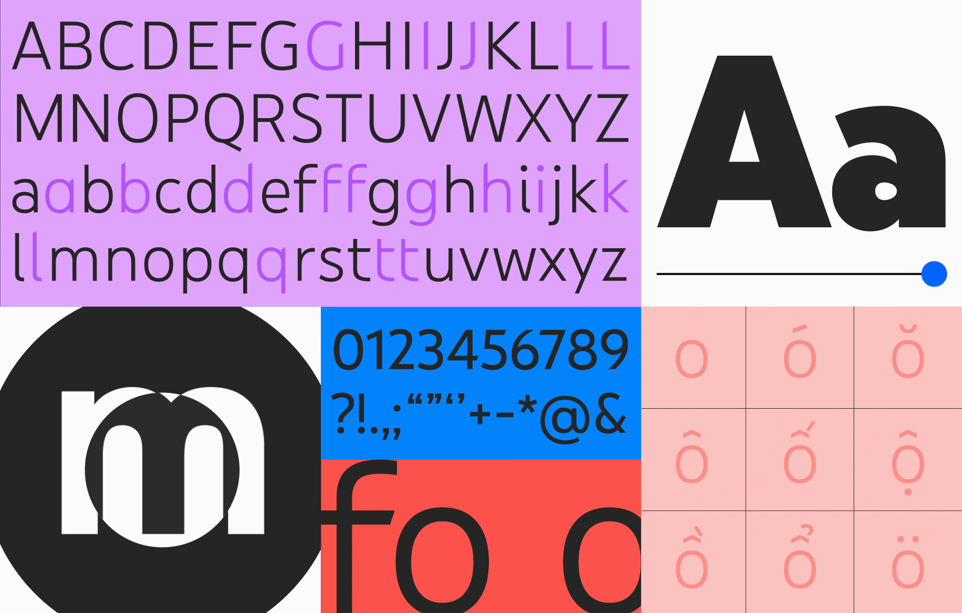 Geometric sans-serif typeface sample in lavender, black, bright blue, and coral.